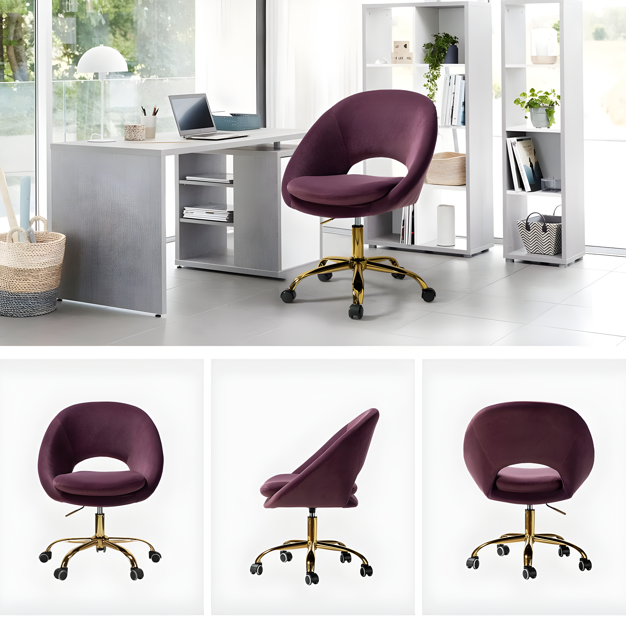 Savas Purple Velvet Swivel Task Chair with Wooden Accents