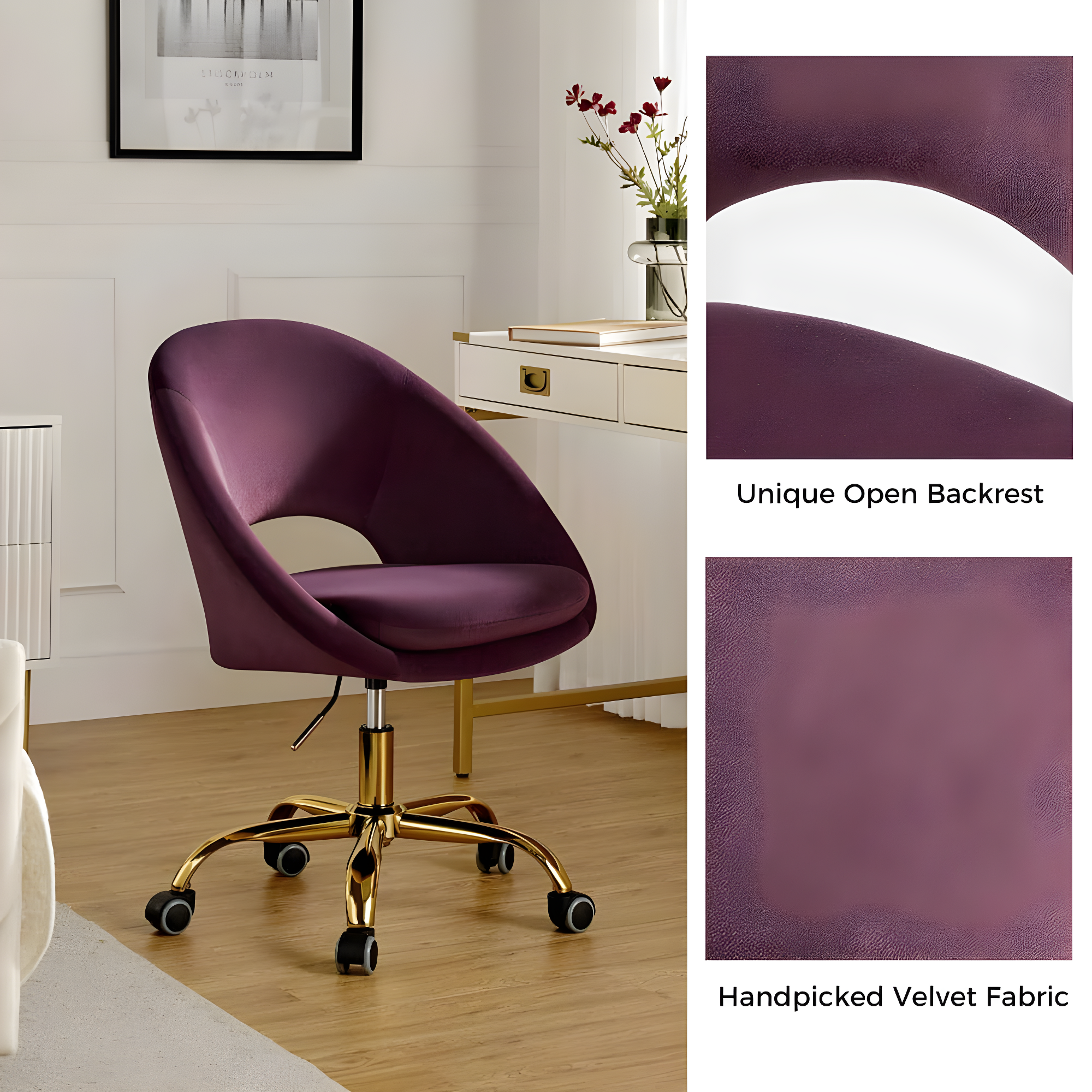 Savas Purple Velvet Swivel Task Chair with Wooden Accents