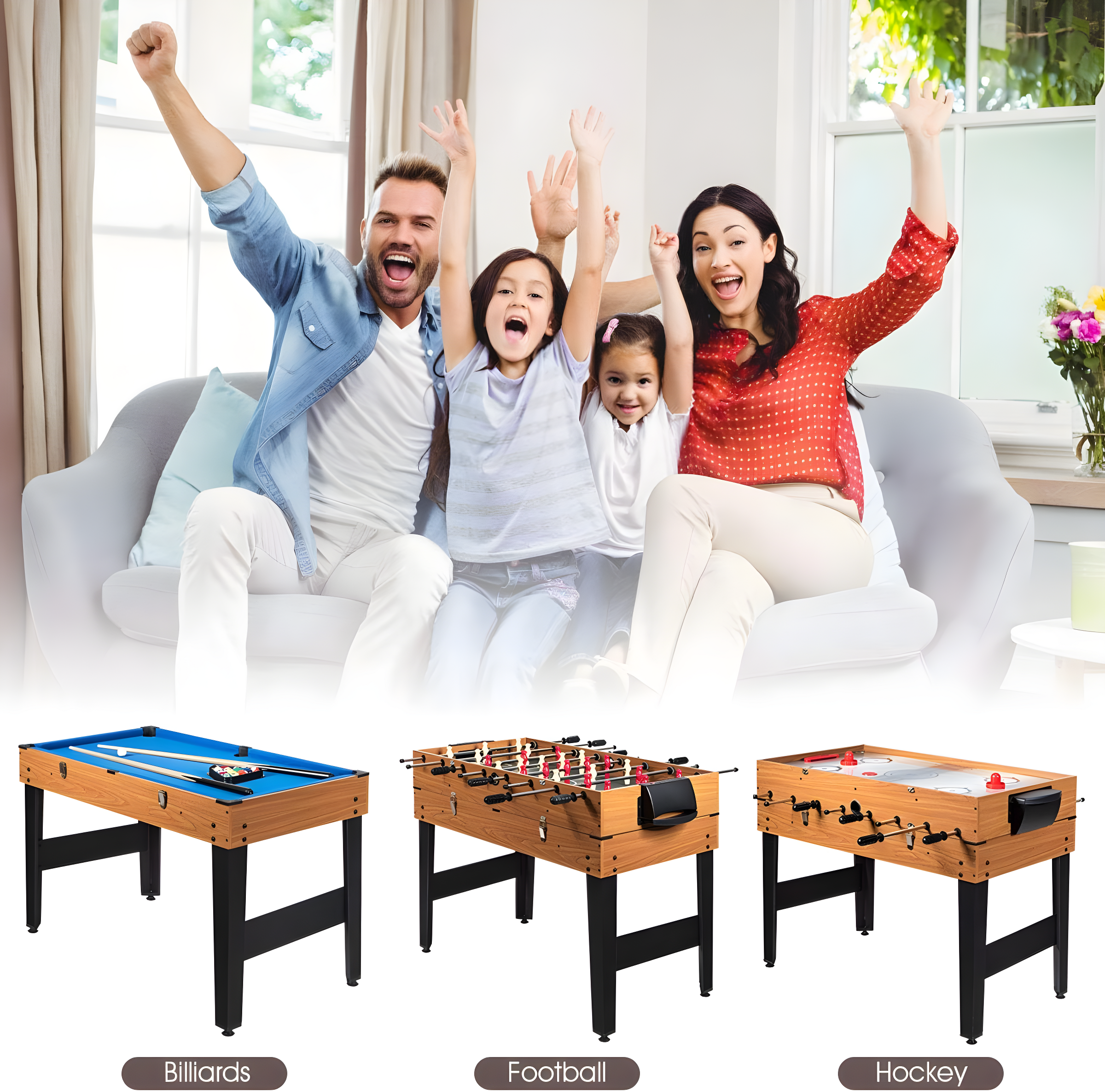 JETEHO Multi Game Table, 3-In-1 48" Combo Game Table W/Soccer, Billiard, Slide Hockey, Wood Foosball Table, Perfect For Game Rooms, Arcades, Bars, Parties, Family Night