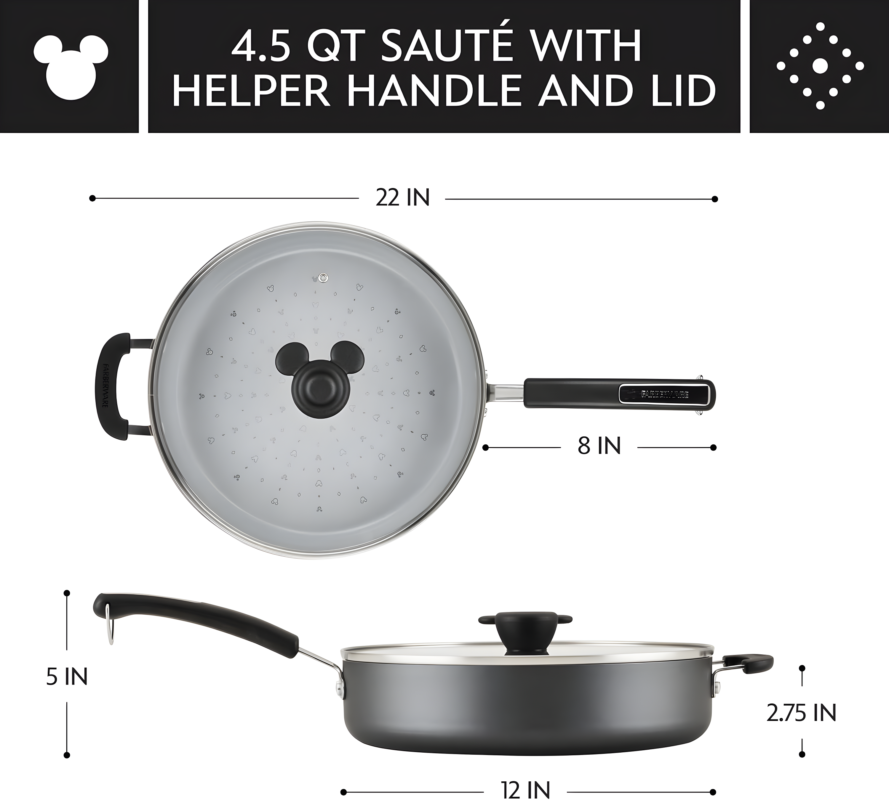 Farberware Farberware Disney Monochrome Ceramic Nonstick Sauté Pan with Lid, 4.5 Quart, Black