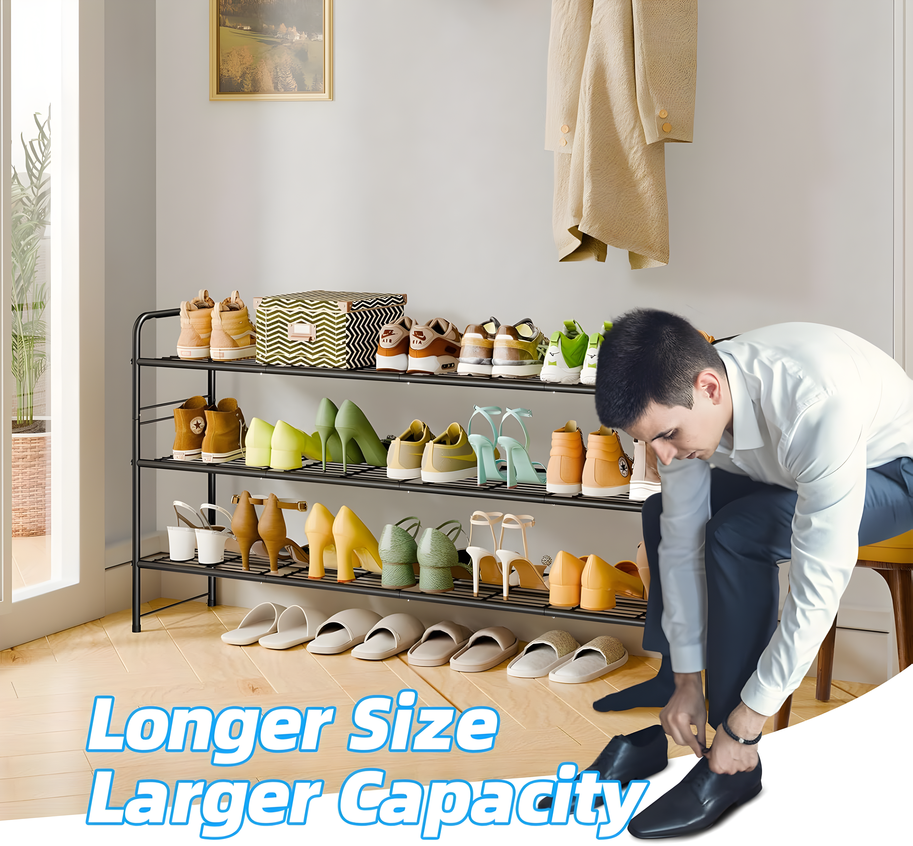 YASONIC Shoe Rack Storage Organizer, 3-Tier Black Shoe Shelf, 24 Pairs, Iron Poles & Plastic Connectors