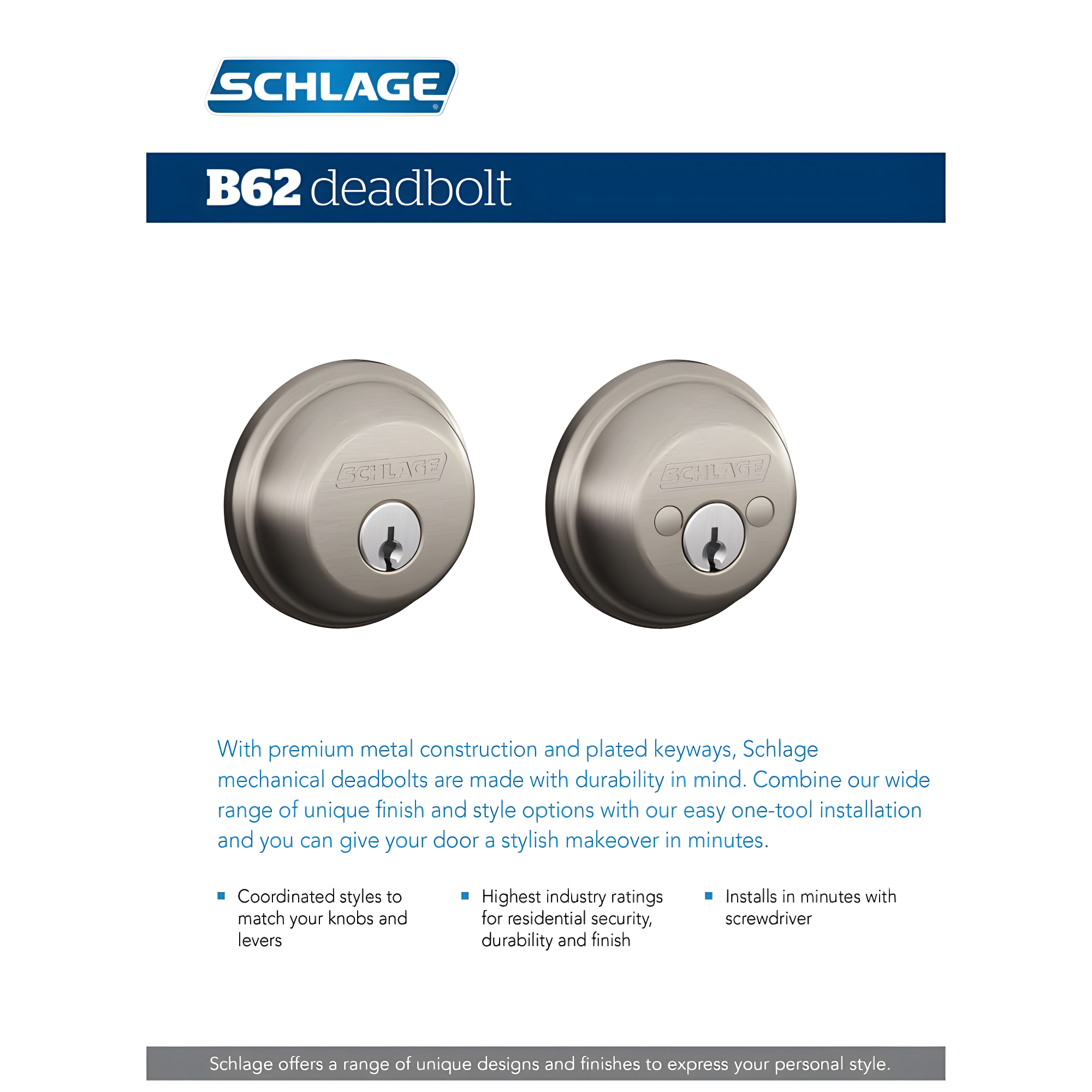 SCHLAGE B62N622 Deadbolt, Keyed 2 Sides, Matte Black