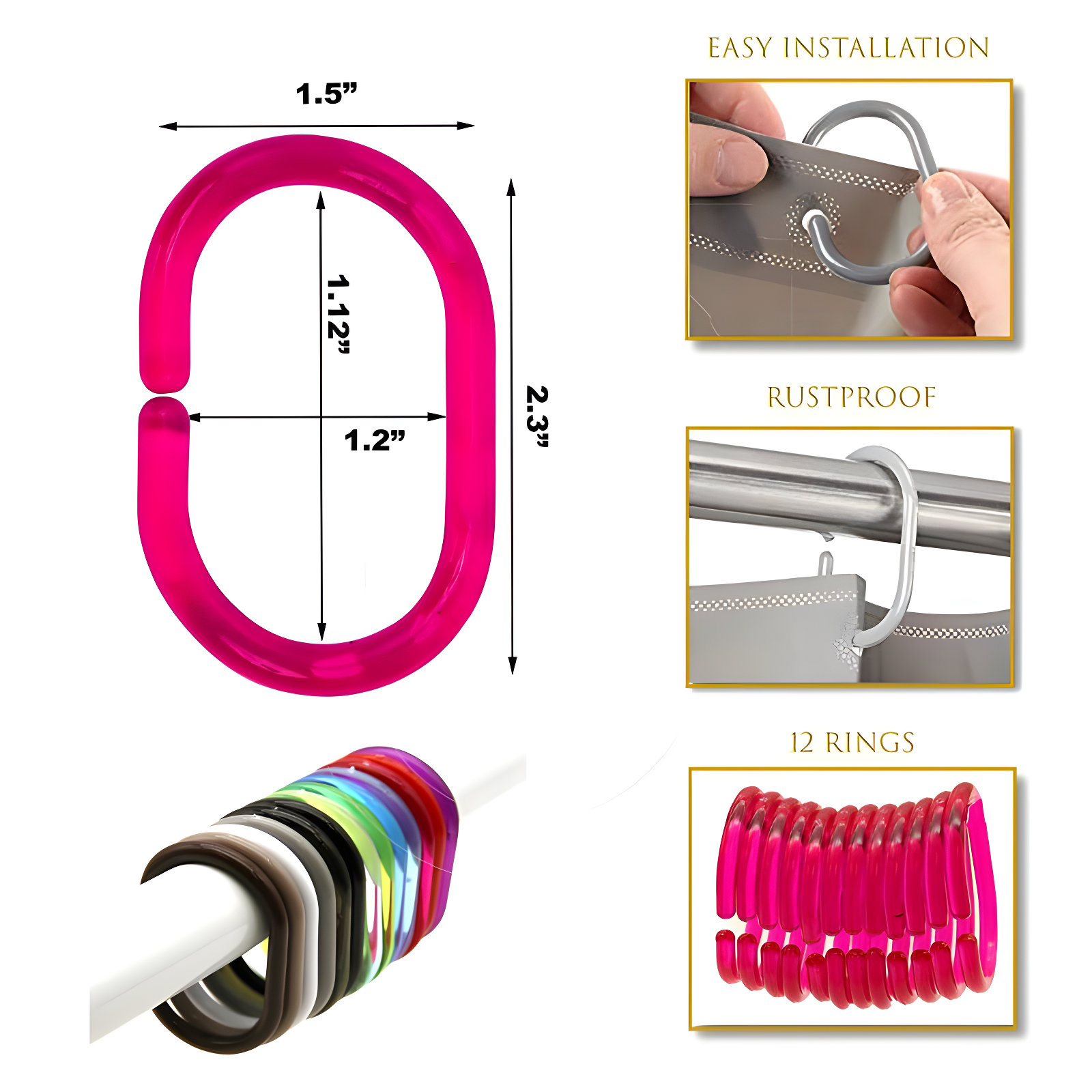Evideco Solid Plastic Shower Curtain Hooks Rings (Set of 12)