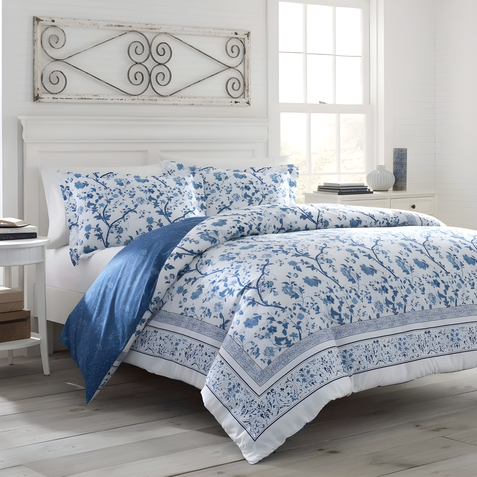 Laura Ashley Charlotte Cotton Reversible Blue Comforter Set