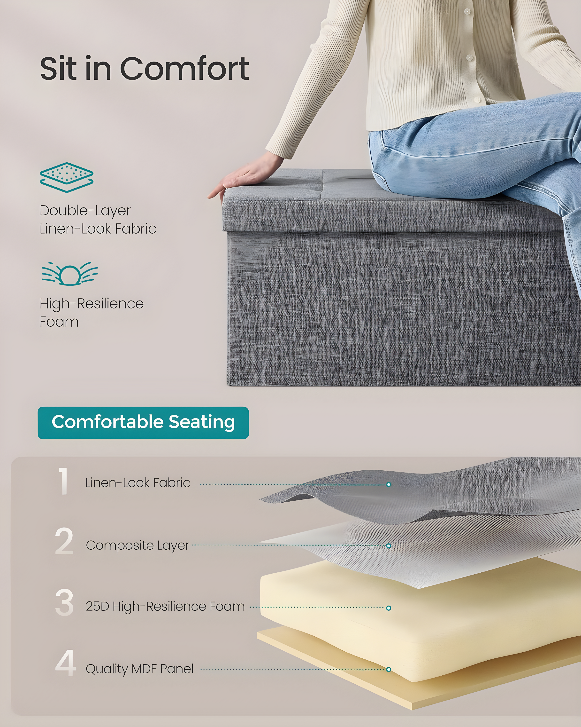 Light Gray Tufted Linen Folding Storage Ottoman Bench