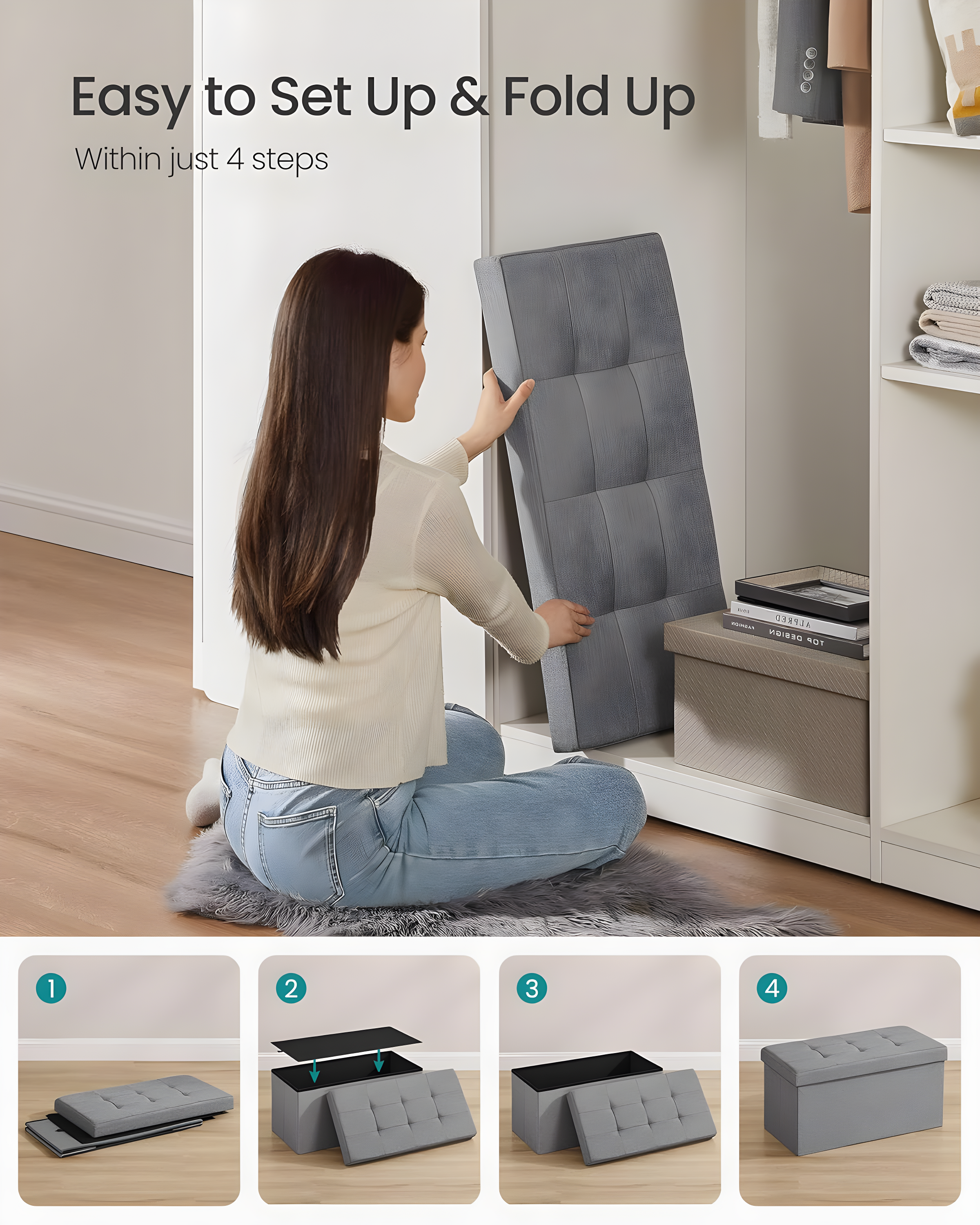Light Gray Tufted Linen Folding Storage Ottoman Bench