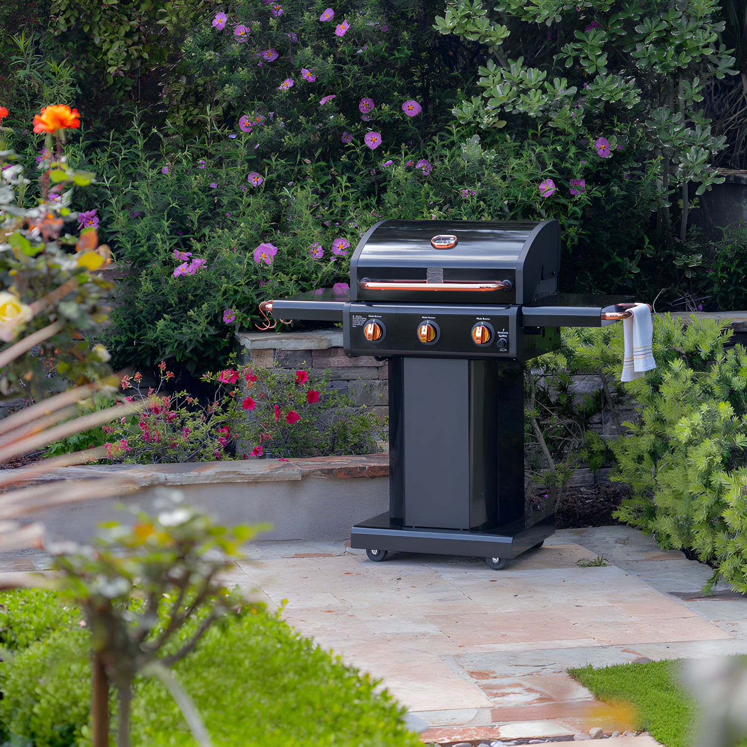 Kenmore 3-Burner Propane Gas Grill with Foldable Side Tables for Outdoor BBQ