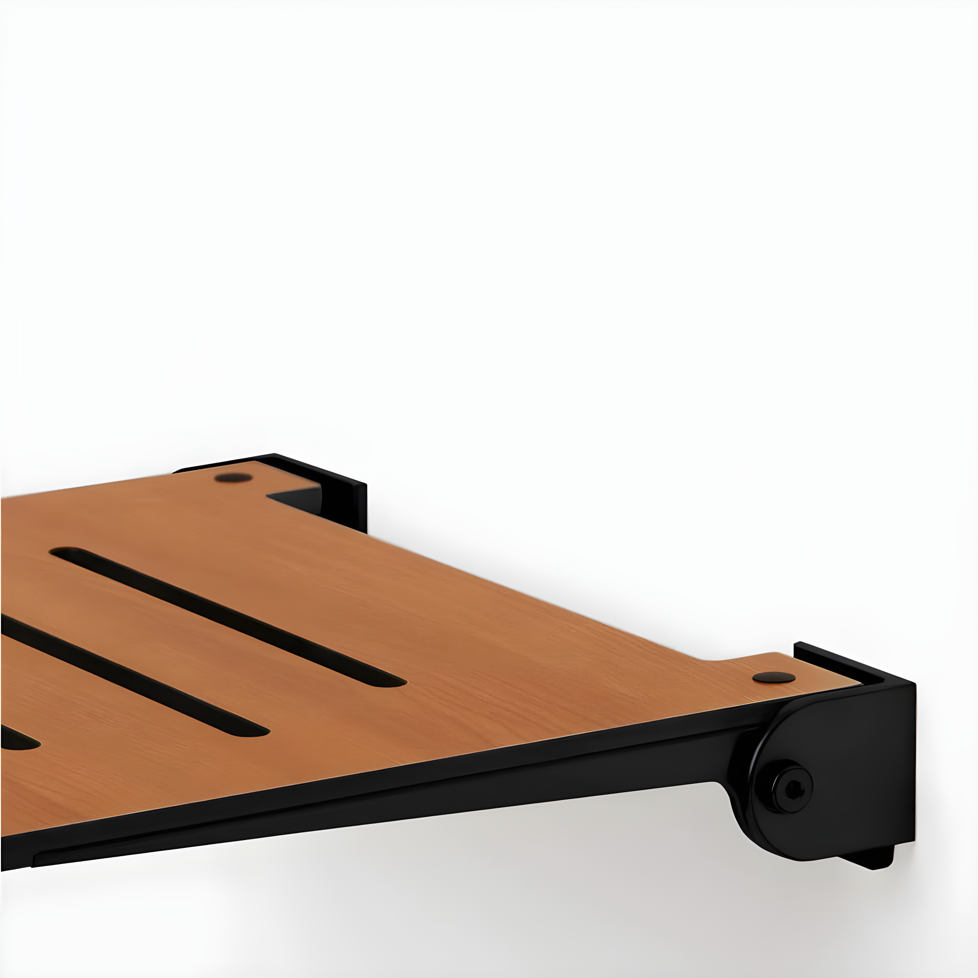 SlimLine Folding Wall Mount Shower Bench Seat, Teak Seat with Matte Black Frame