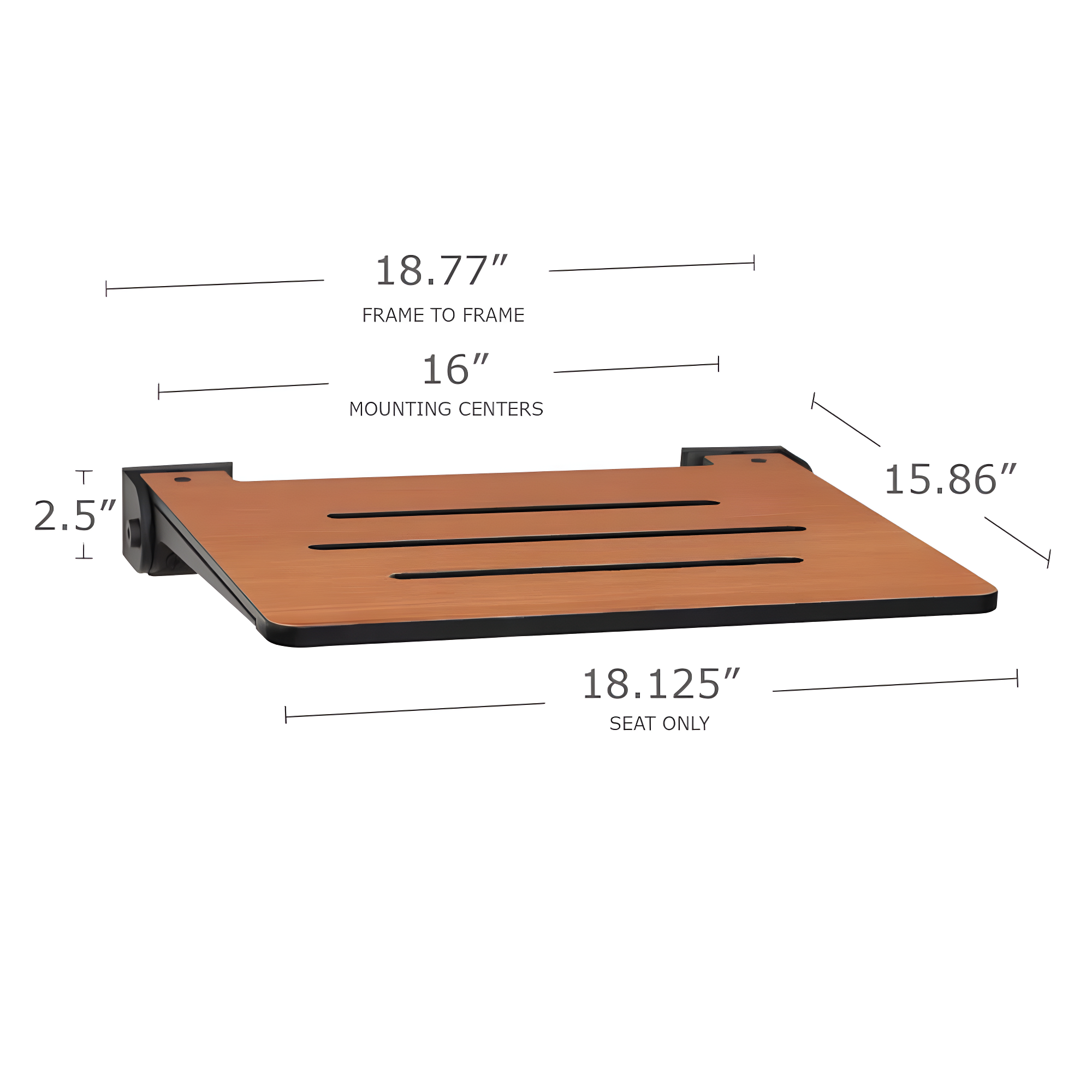 SlimLine Folding Wall Mount Shower Bench Seat, Teak Seat with Matte Black Frame