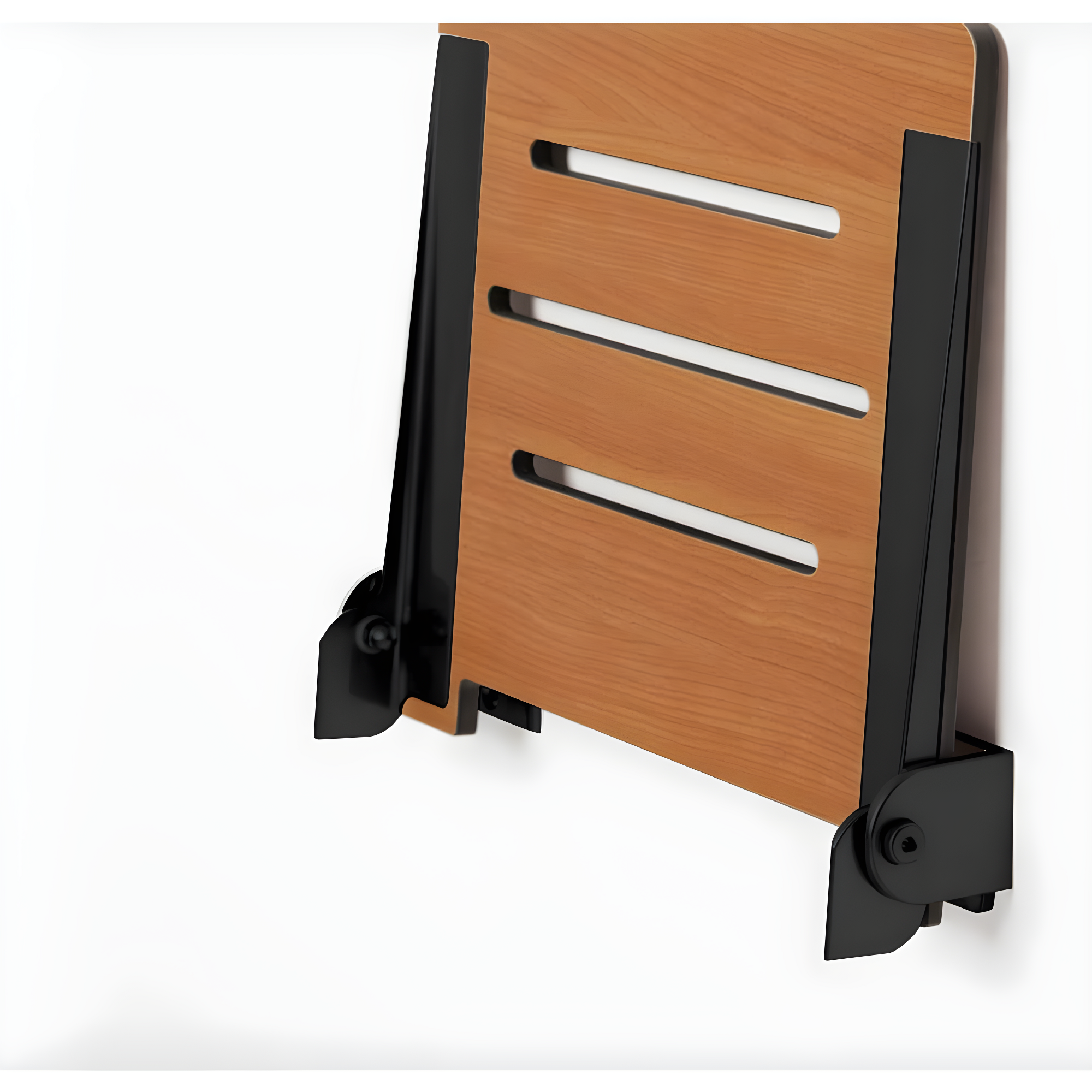 SlimLine Folding Wall Mount Shower Bench Seat, Teak Seat with Matte Black Frame