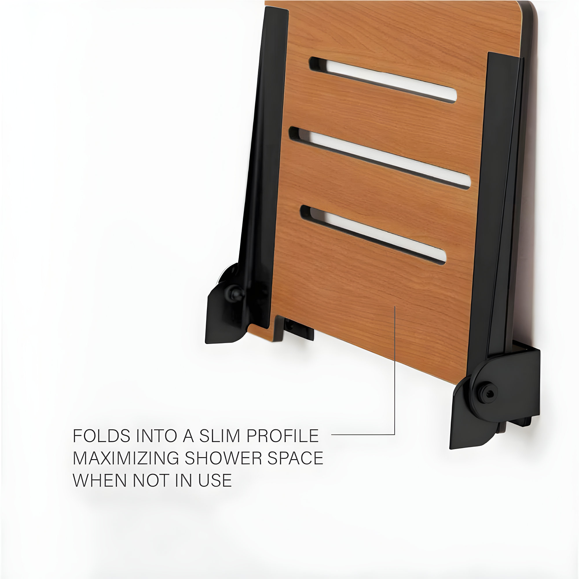 SlimLine Folding Wall Mount Shower Bench Seat, Teak Seat with Matte Black Frame