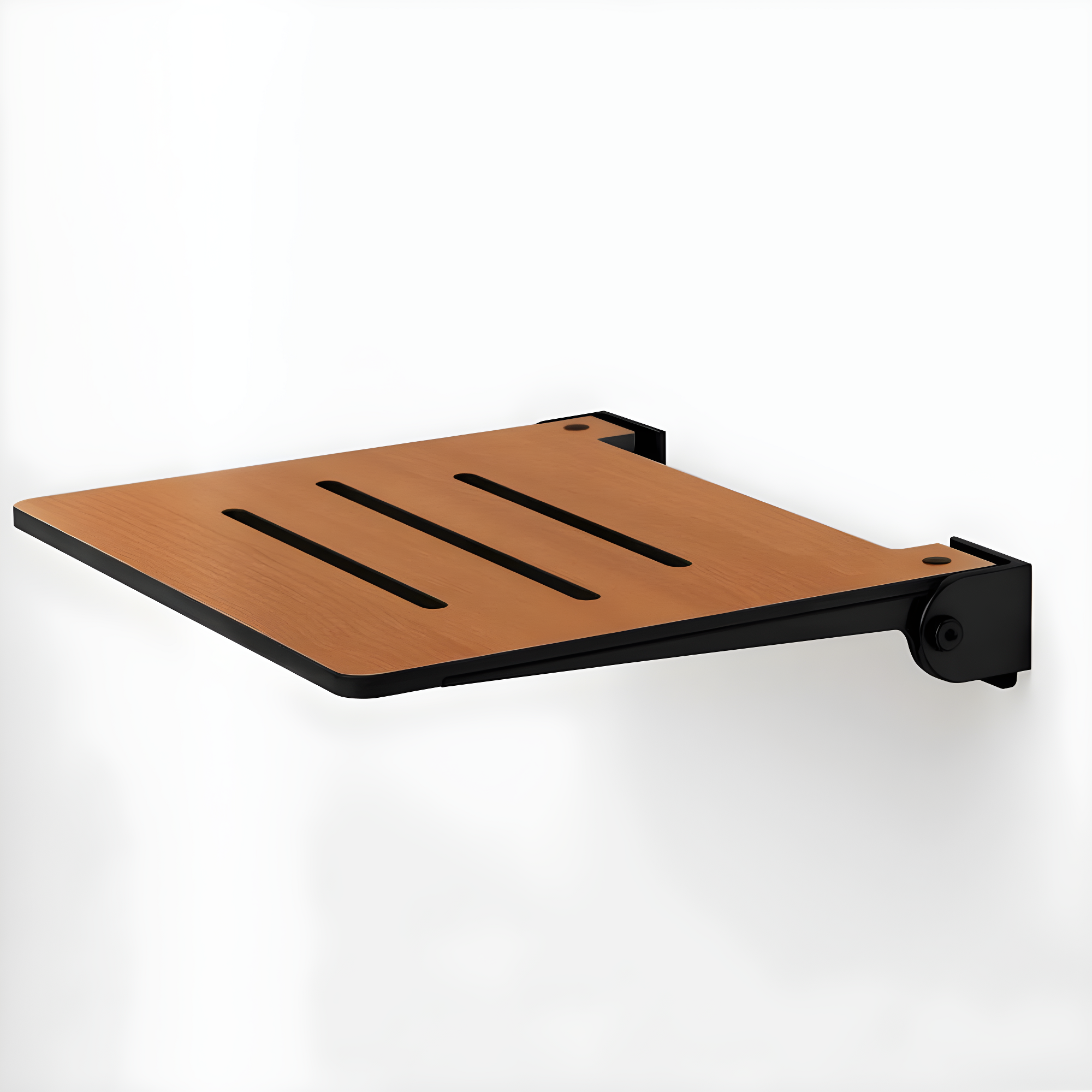 SlimLine Folding Wall Mount Shower Bench Seat, Teak Seat with Matte Black Frame