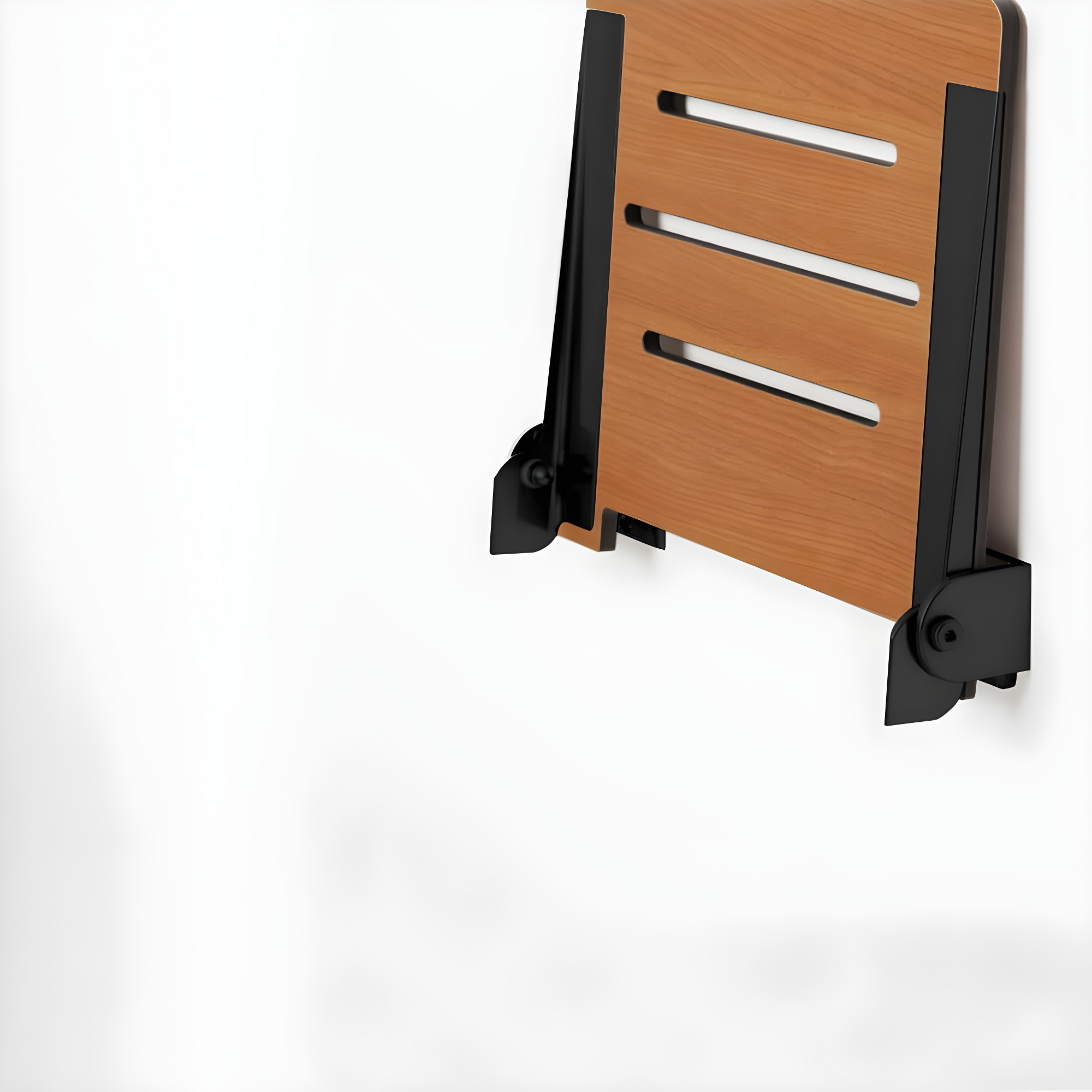 SlimLine Folding Wall Mount Shower Bench Seat, Teak Seat with Matte Black Frame