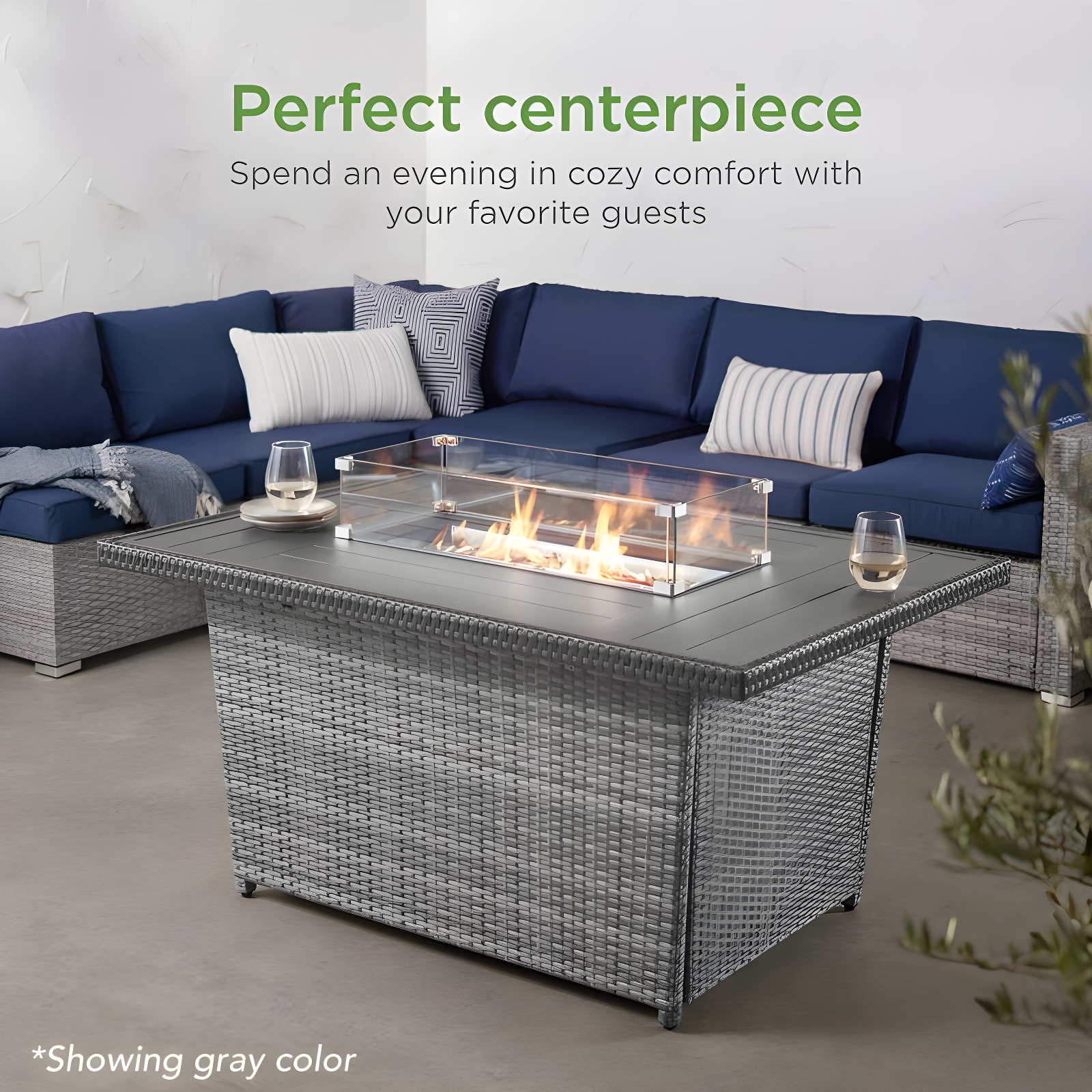 Wicker Propane Fire Pit Table, 50,000 BTU W/ Glass Wind Guard, Cover - 52In