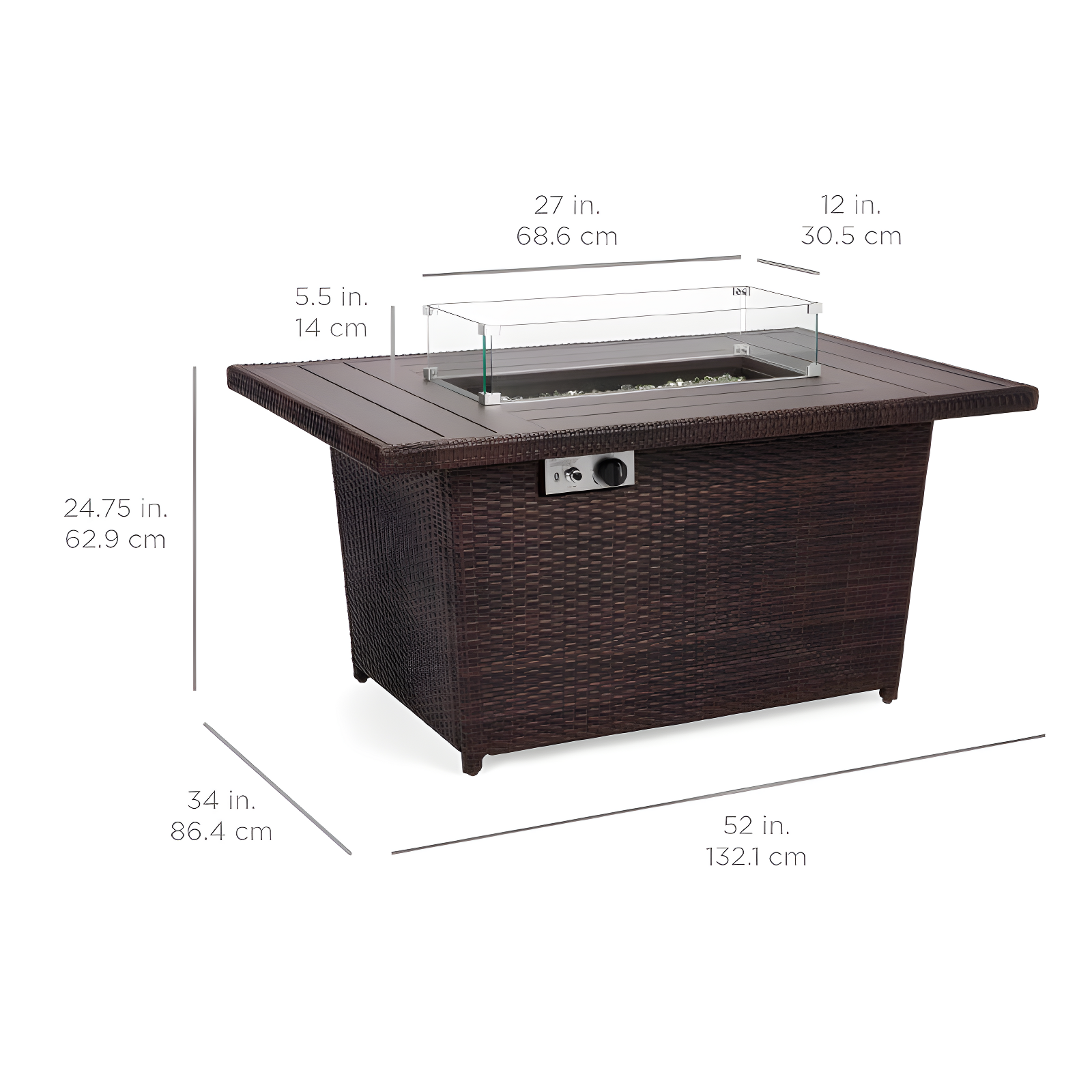 Wicker Propane Fire Pit Table, 50,000 BTU W/ Glass Wind Guard, Cover - 52In