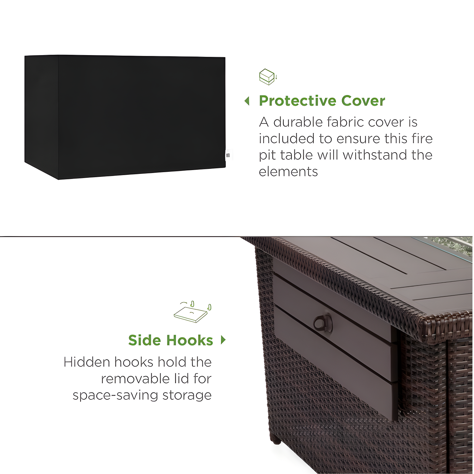 Wicker Propane Fire Pit Table, 50,000 BTU W/ Glass Wind Guard, Cover - 52In