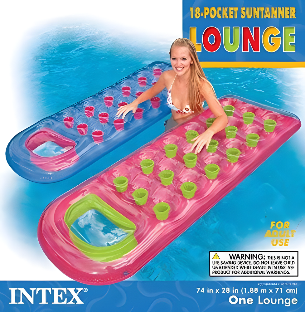 Intex Suntanner 18 Pocket Single Person Inflatable Swimming Pool Beach Lounge Floating Raft with Pillow and Cupholders, Color May Vary