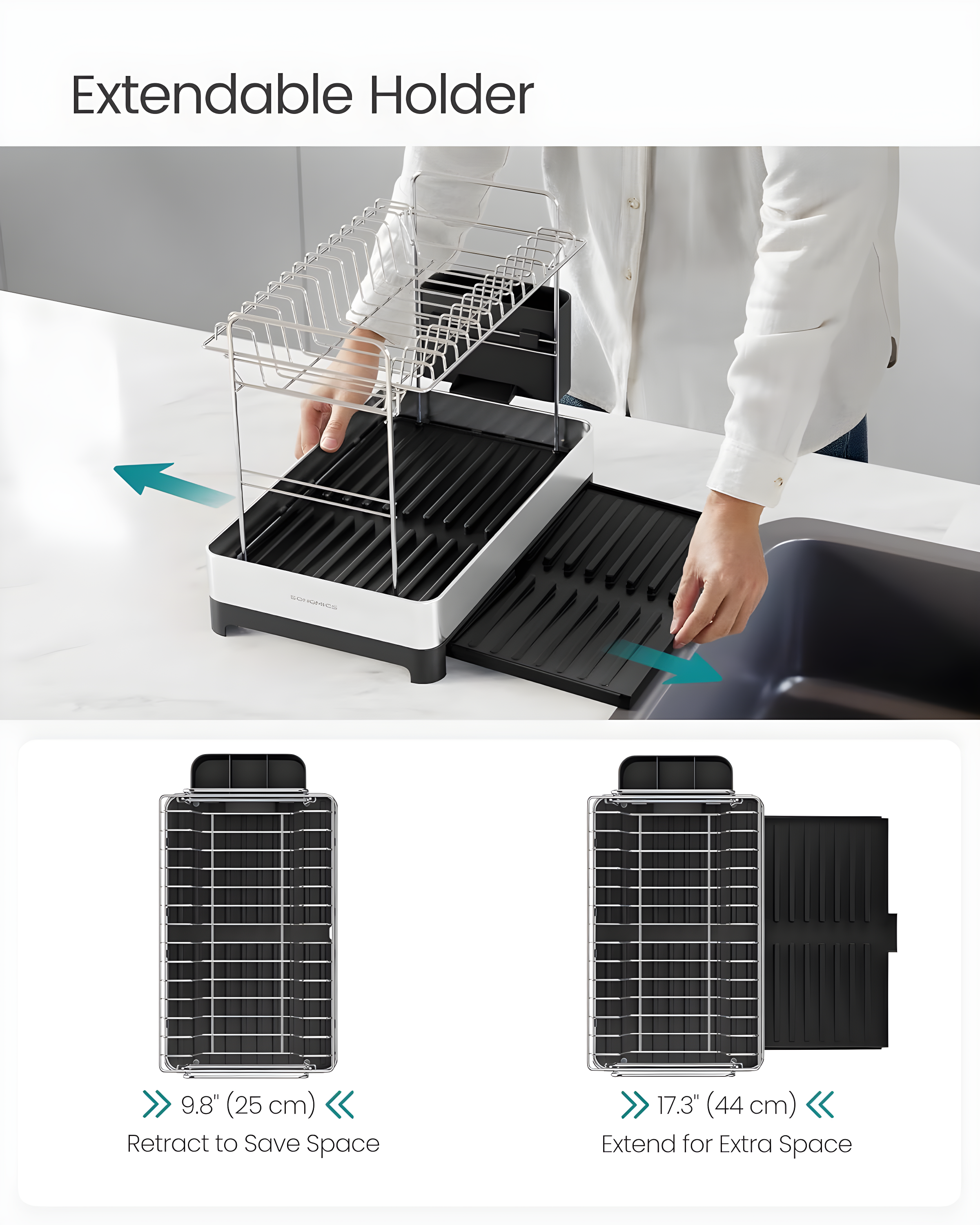 SONGMICS 2-Tier Small Dish Drying Rack, Expandable Dish Dryer for Kitchen Counter, Stainless Steel Dish Rack with Utensil Holder, Rustproof, for Dishes, Knives, Spoons, Forks, Silver Black UKCS036B01