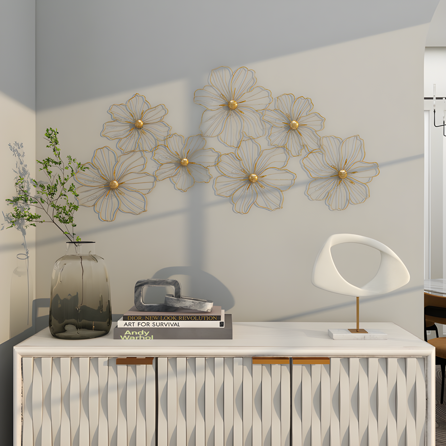 Metal Wire Foiled Floral Home Wall Decor with Scroll Accents