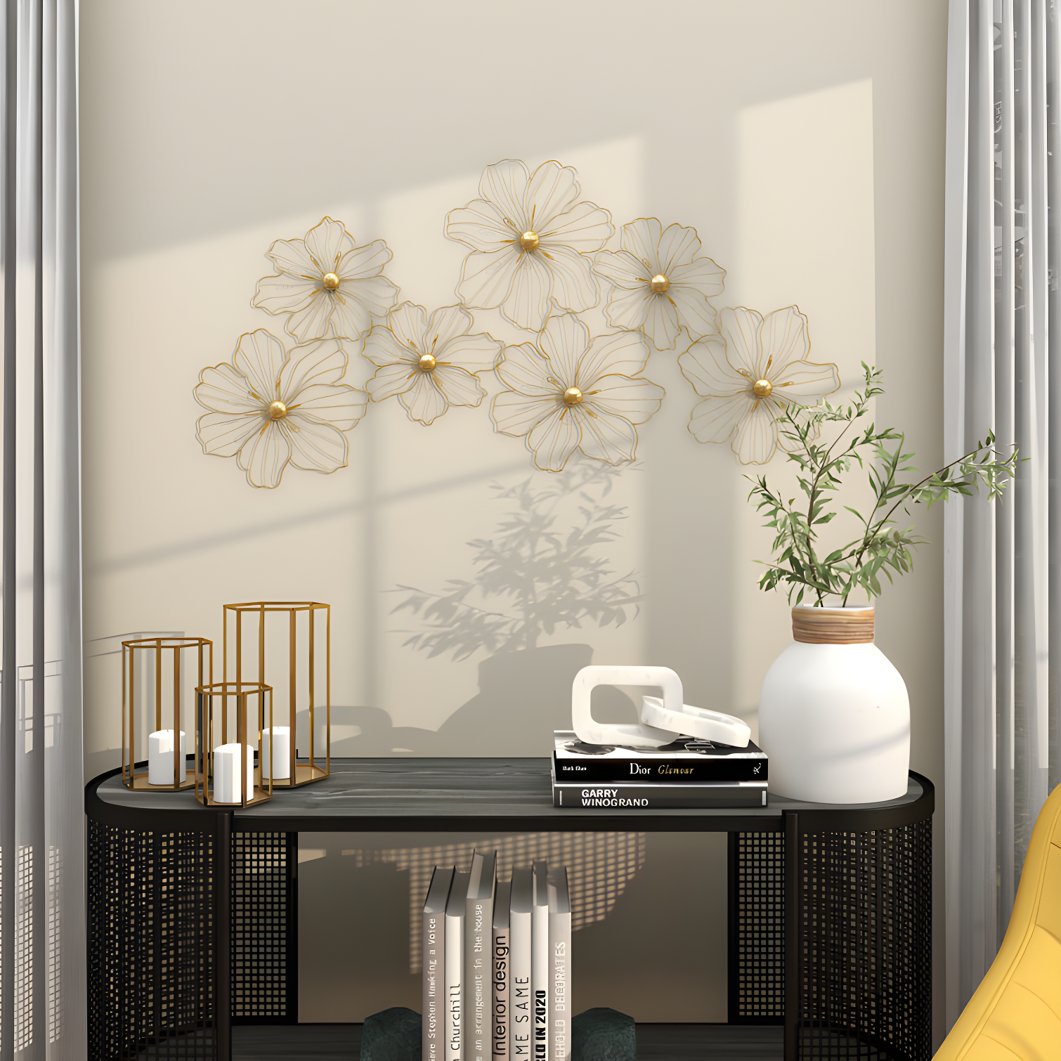 Metal Wire Foiled Floral Home Wall Decor with Scroll Accents