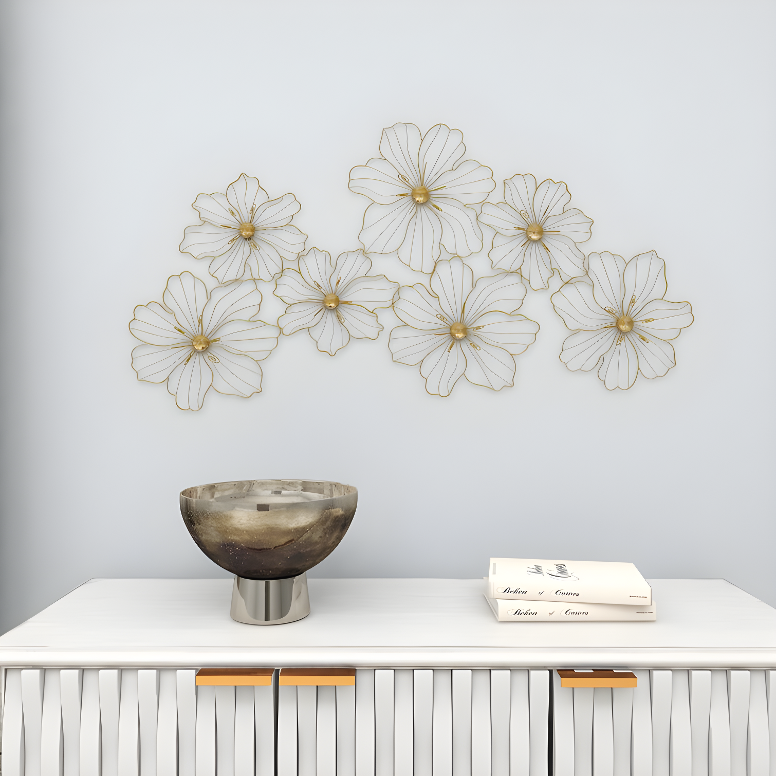 Metal Wire Foiled Floral Home Wall Decor with Scroll Accents