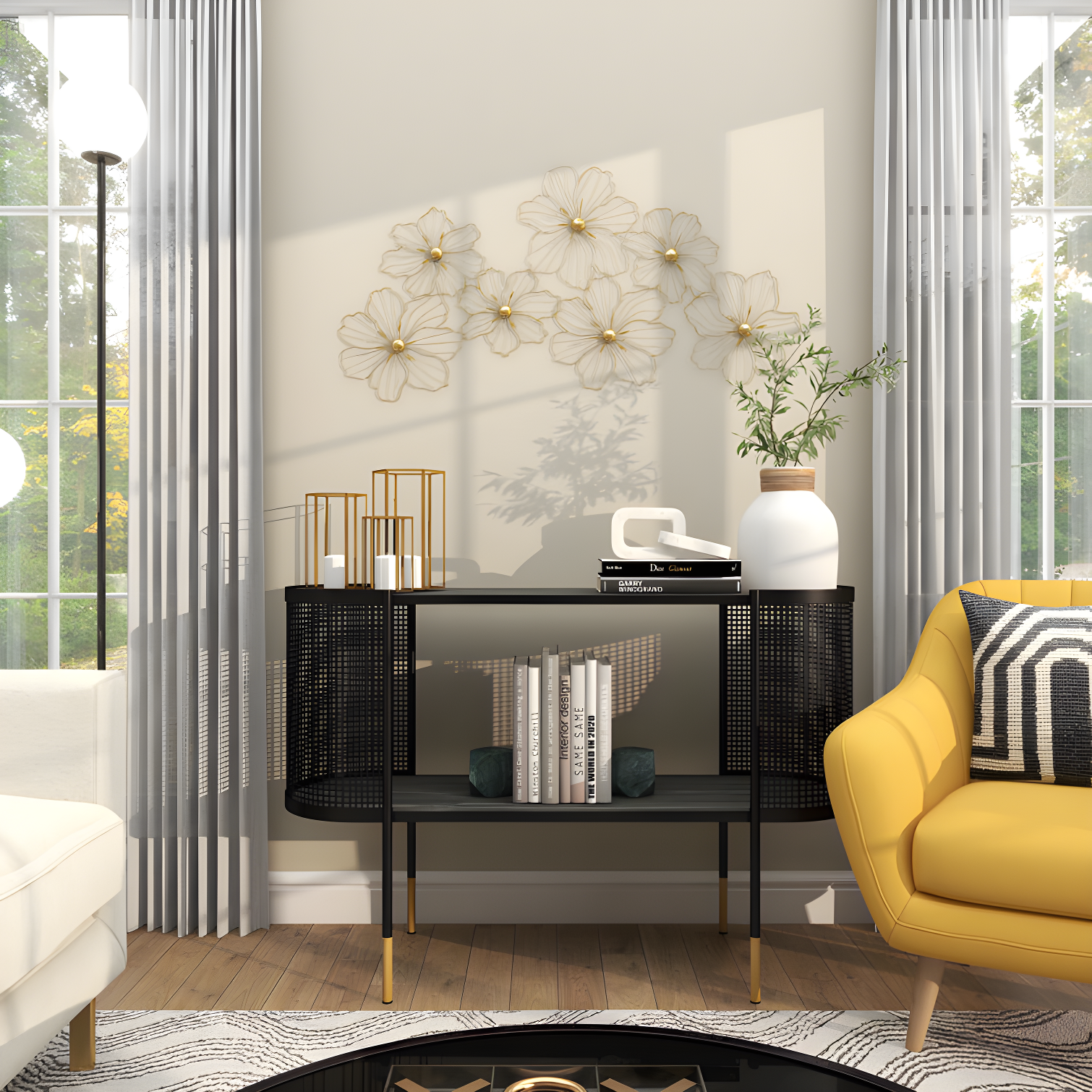 Metal Wire Foiled Floral Home Wall Decor with Scroll Accents