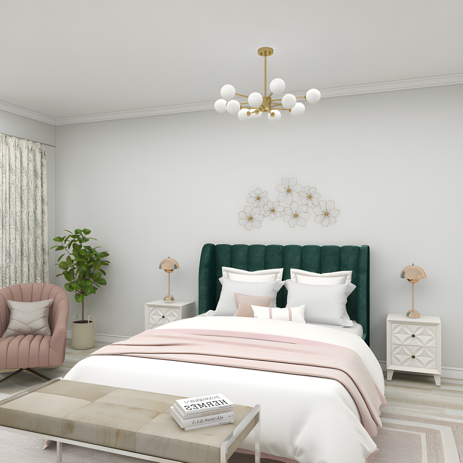 Metal Wire Foiled Floral Home Wall Decor with Scroll Accents