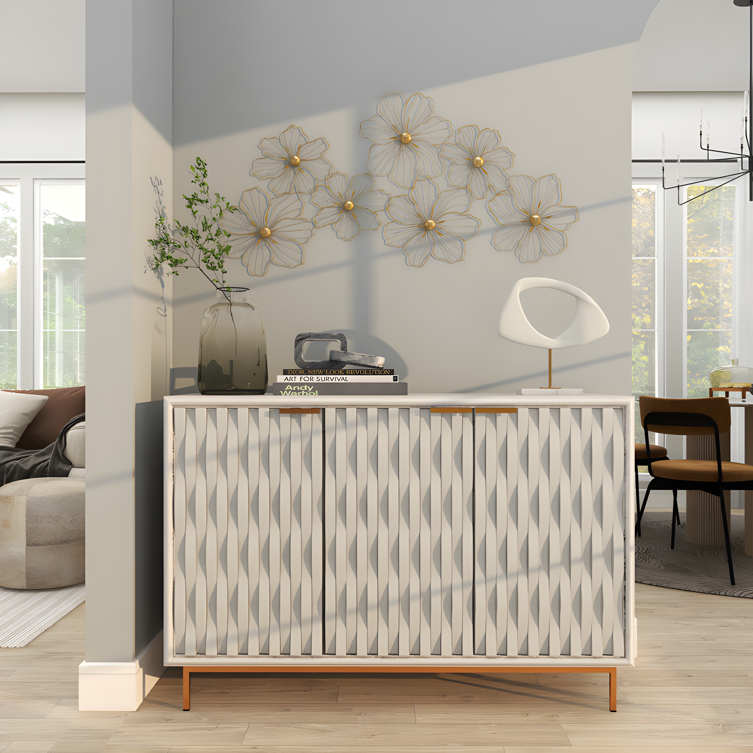 Metal Wire Foiled Floral Home Wall Decor with Scroll Accents