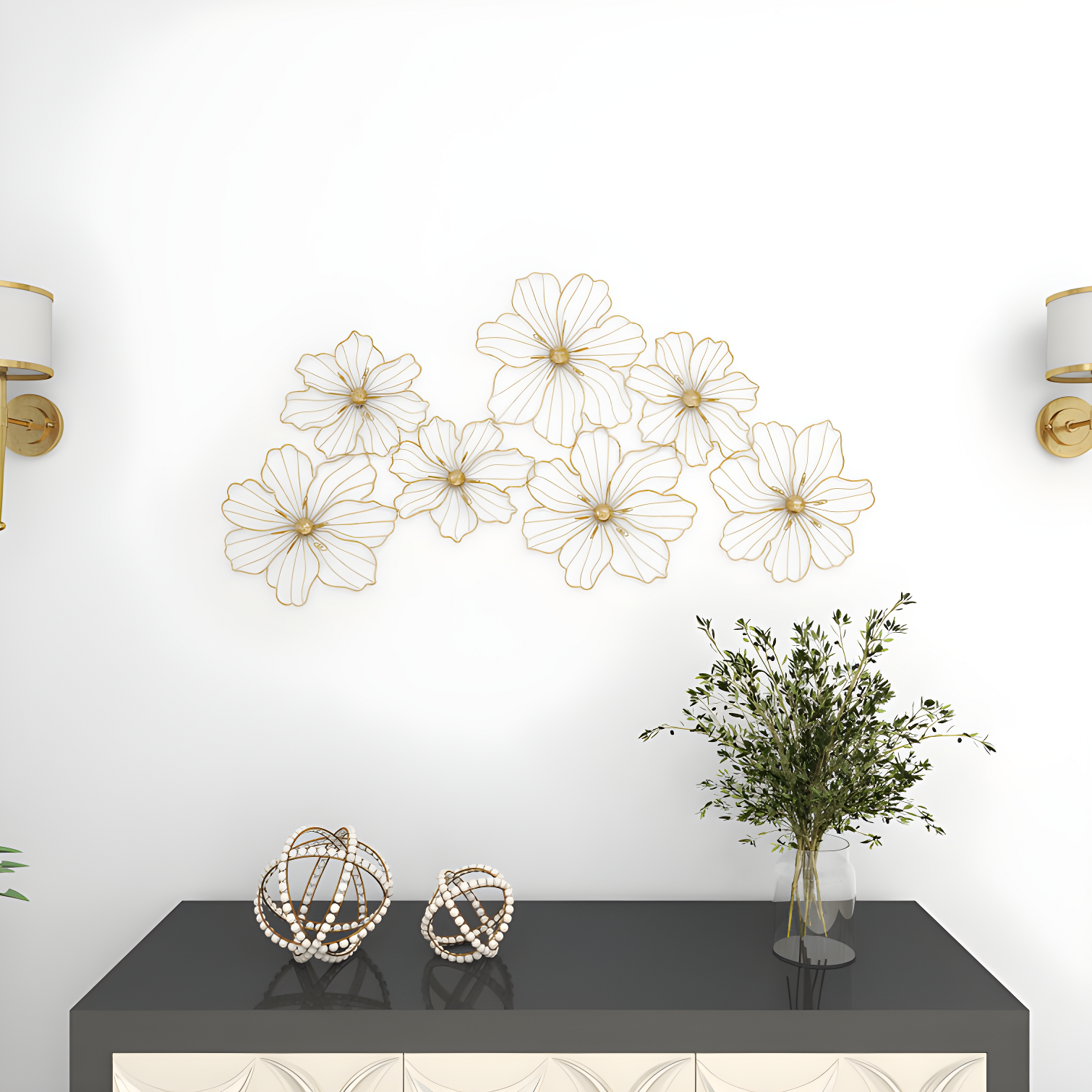 Metal Wire Foiled Floral Home Wall Decor with Scroll Accents