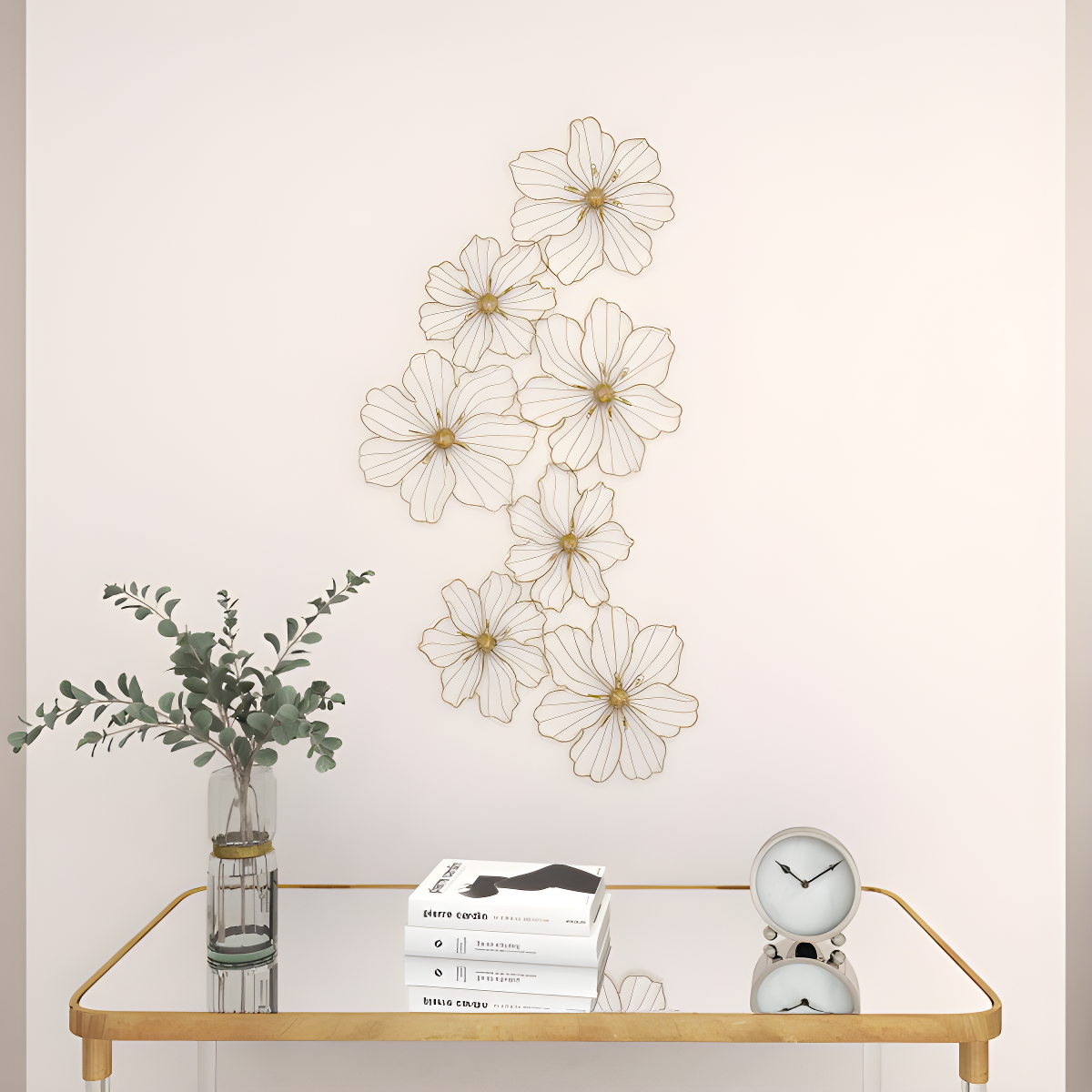 Metal Wire Foiled Floral Home Wall Decor with Scroll Accents