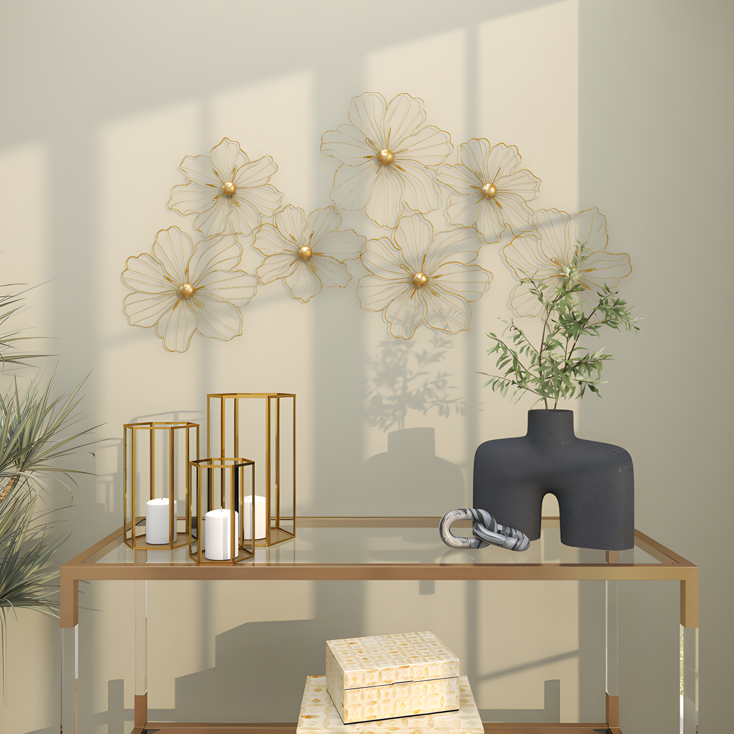 Metal Wire Foiled Floral Home Wall Decor with Scroll Accents