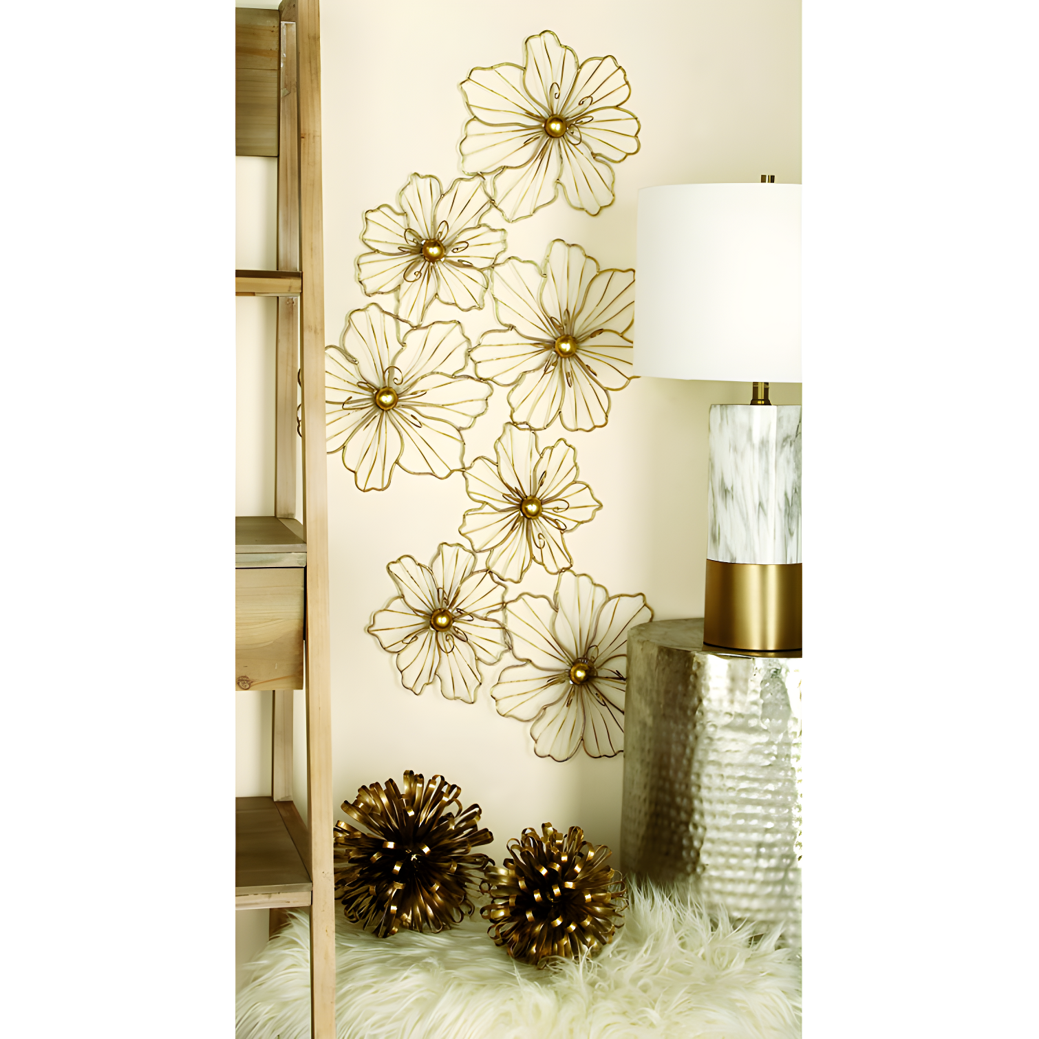 Metal Wire Foiled Floral Home Wall Decor with Scroll Accents