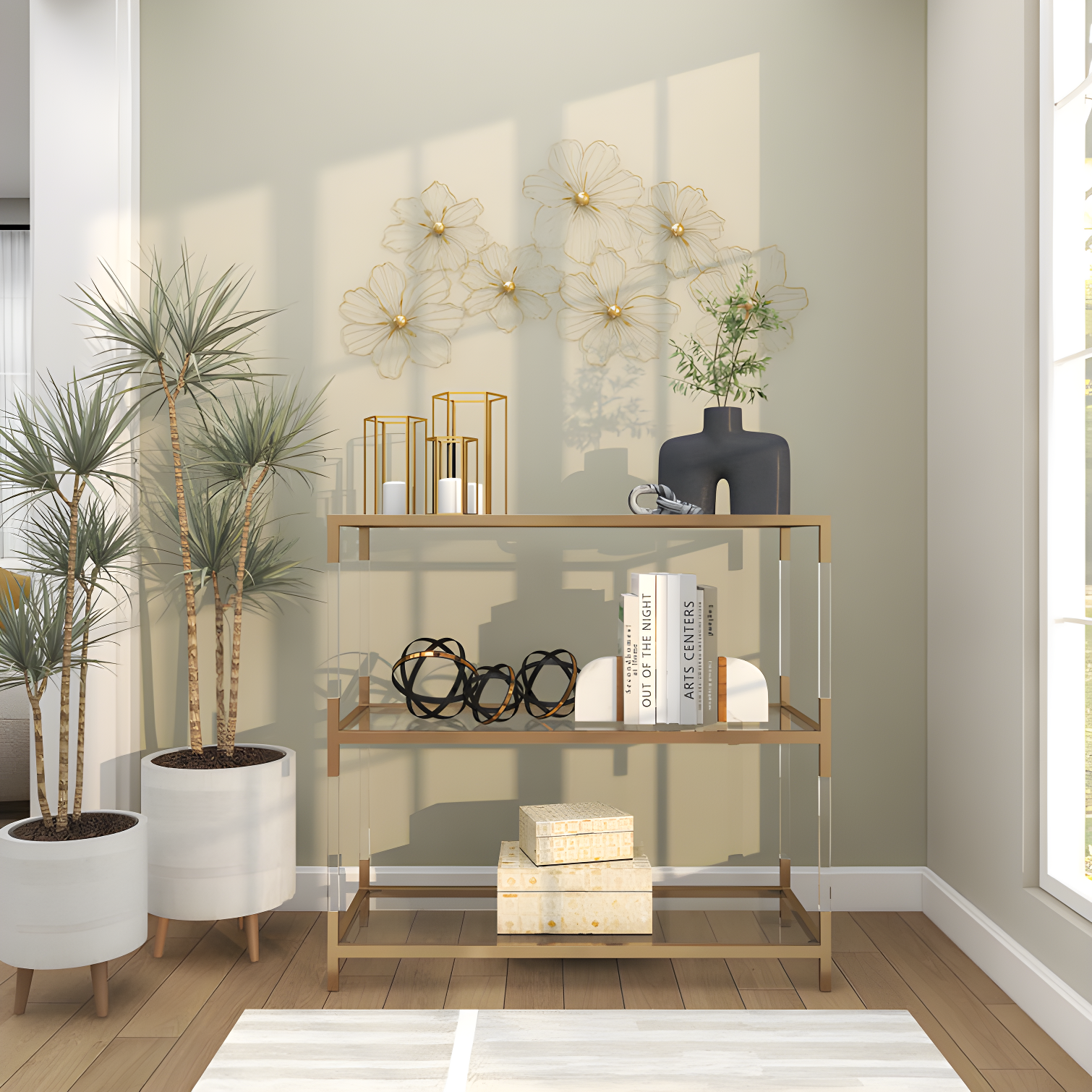 Metal Wire Foiled Floral Home Wall Decor with Scroll Accents
