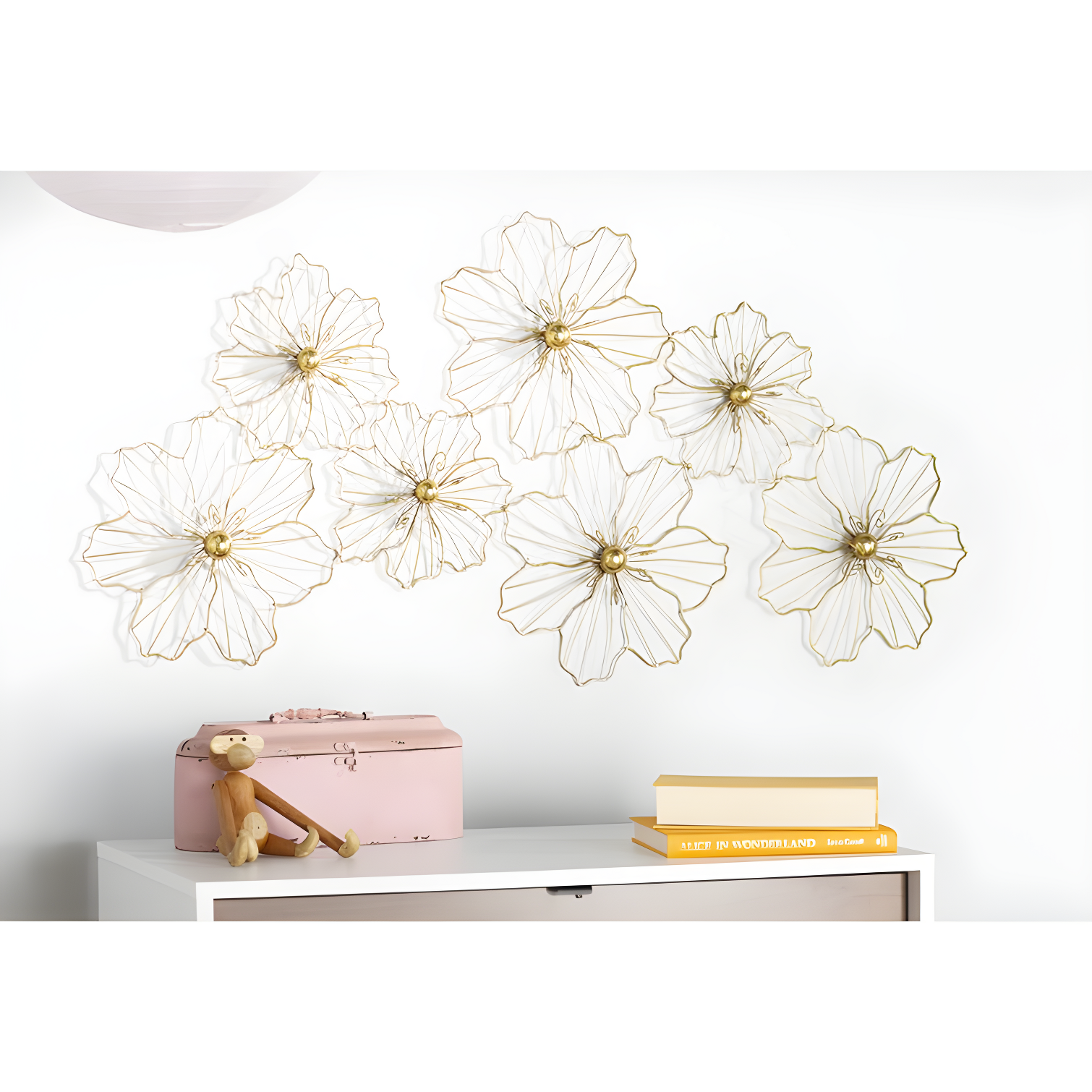 Metal Wire Foiled Floral Home Wall Decor with Scroll Accents