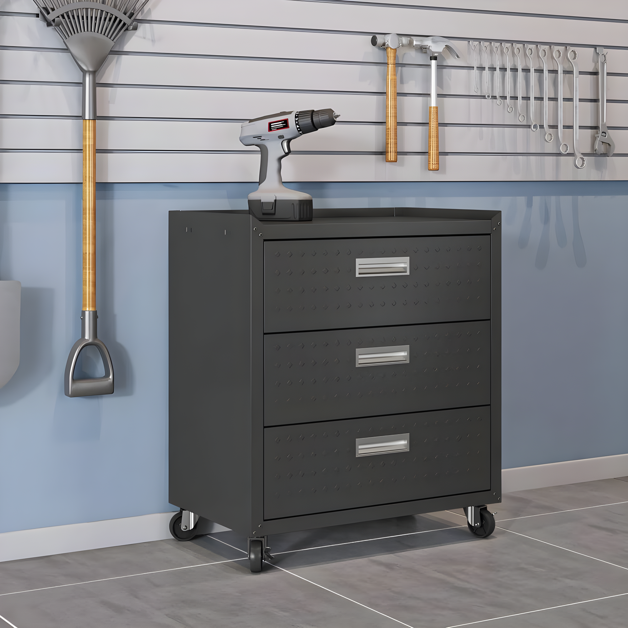 Fortress Textured Metal 31.5" Garage Mobile Chest with 3 Full Extension Drawers y