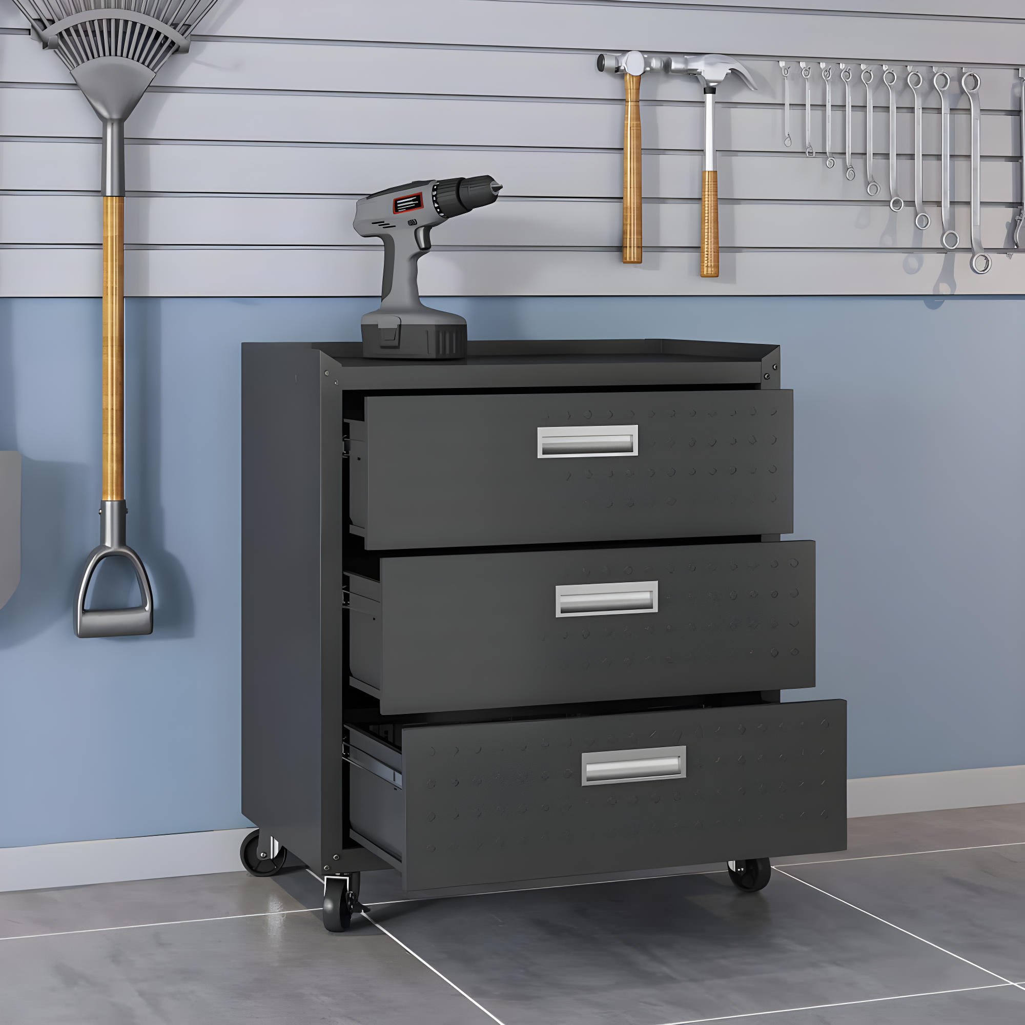 Fortress Textured Metal 31.5" Garage Mobile Chest with 3 Full Extension Drawers y