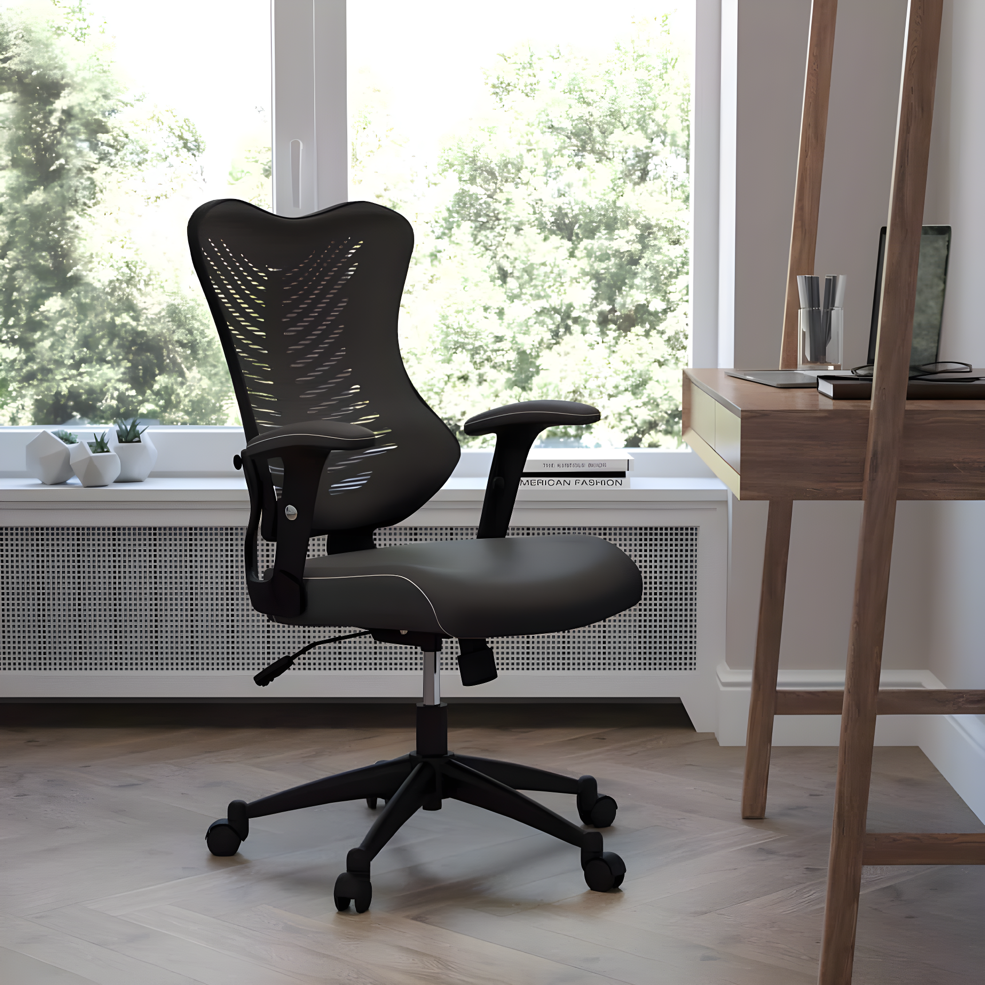 Flash Furniture High Back Designer Black Mesh Executive Swivel Ergonomic Office Chair with LeatherSoft Seat and Adjustable Arms