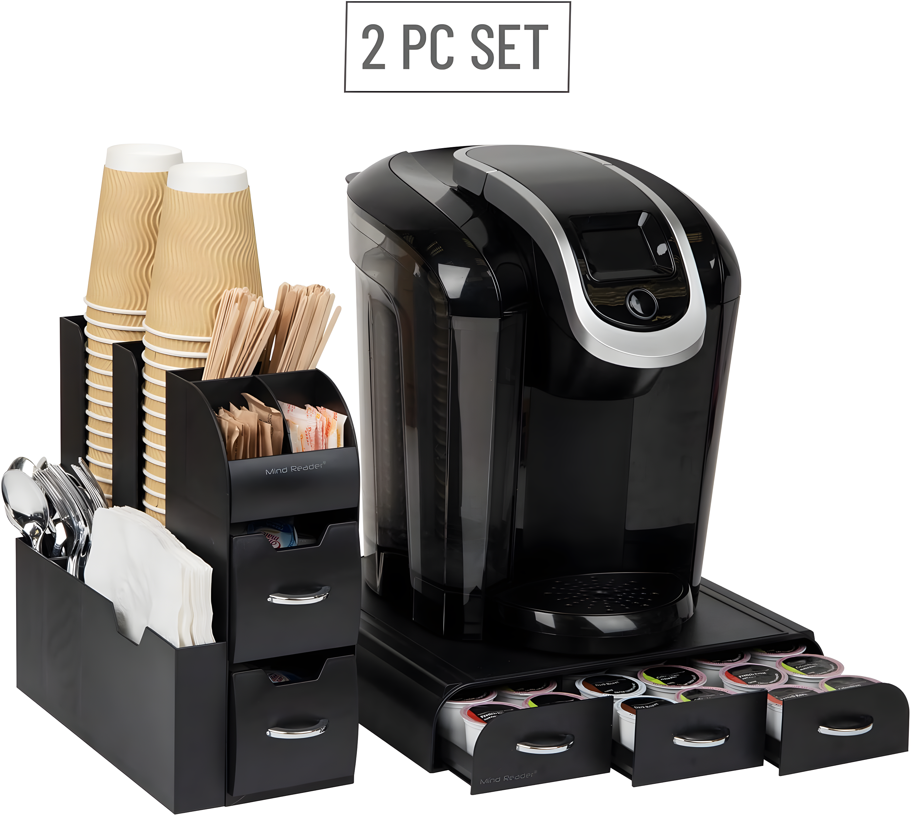 Mind Reader Single Serve Coffee Pod Drawer and Cup Condiment Set, 2 Pcs., 36 Pod Capacity, 5.35"L x 11.25"W x 11.15"H