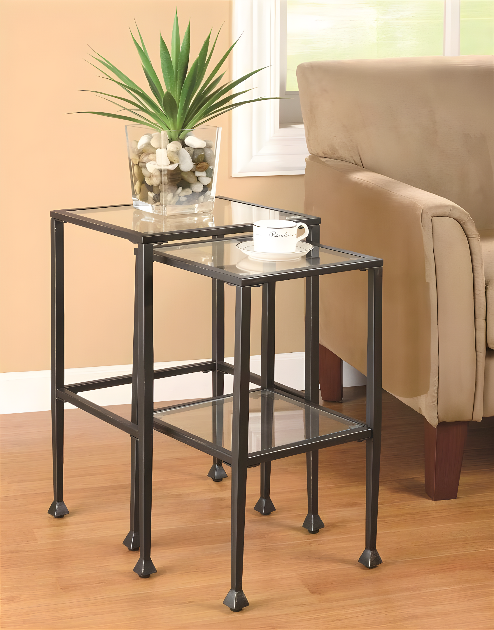 2-piece Glass Top Nesting Tables Black