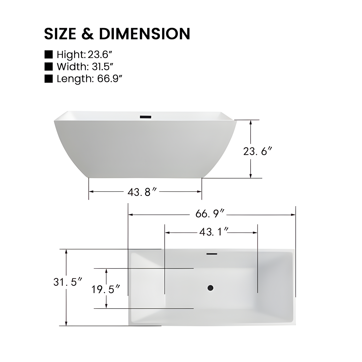 66.9" x 33" Freestanding Soaking Bathtub