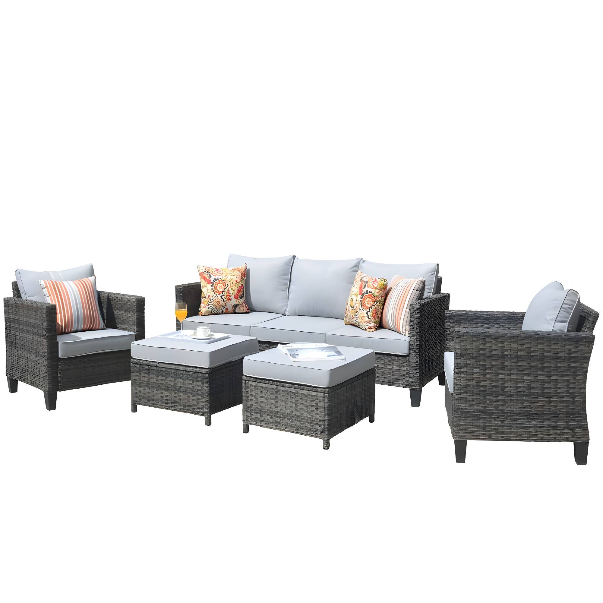 Ovios 5 Pieces Outdoor Patio Furniture Set Wicker Rattan Outdoor Conversation Comfortable Sectional Sofa with Steel Frame, Grey