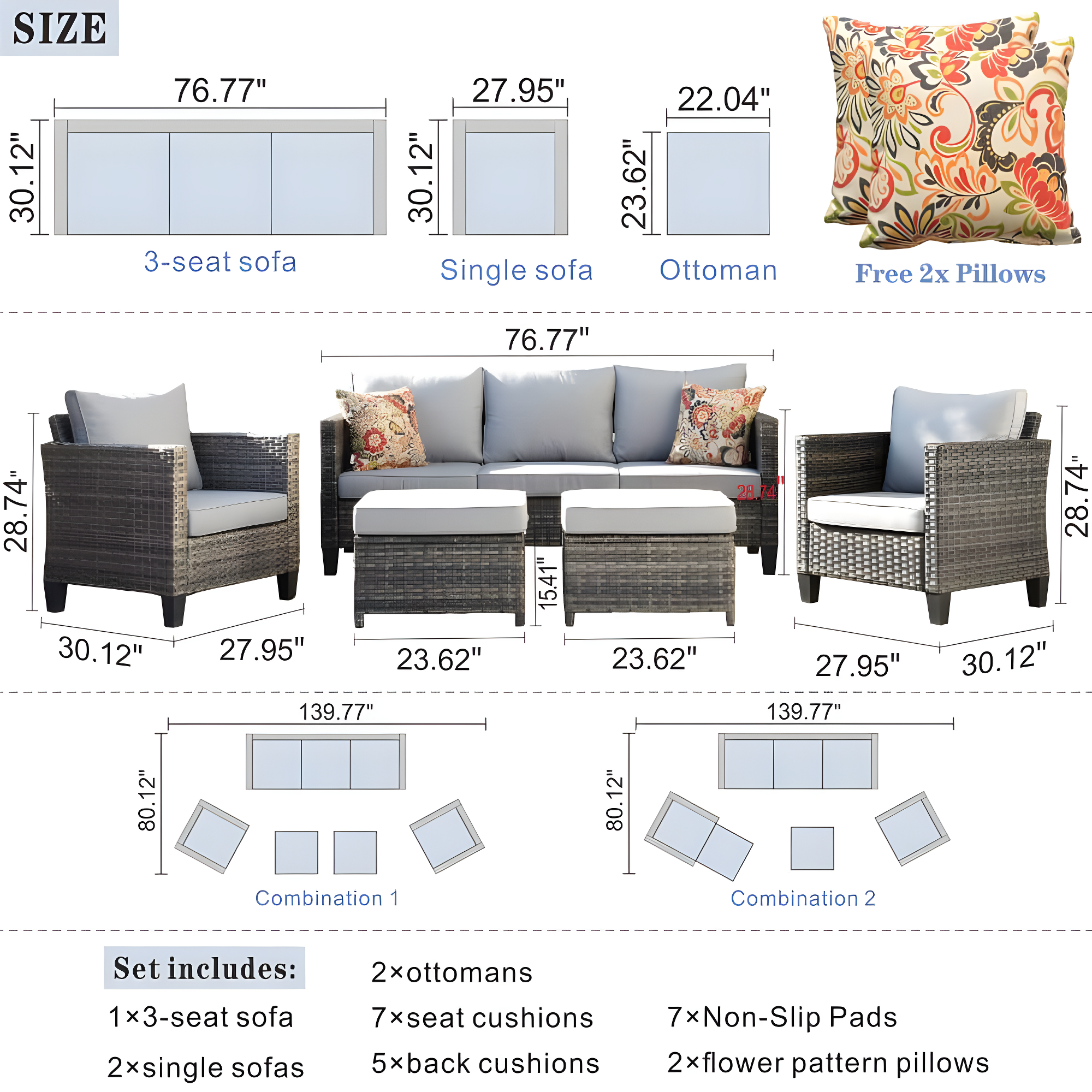 Ovios 5 Pieces Outdoor Patio Furniture Set Wicker Rattan Outdoor Conversation Comfortable Sectional Sofa with Steel Frame, Grey