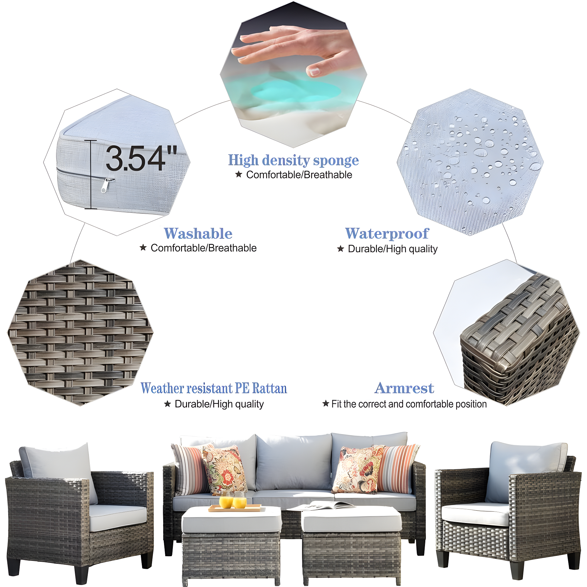 Ovios 5 Pieces Outdoor Patio Furniture Set Wicker Rattan Outdoor Conversation Comfortable Sectional Sofa with Steel Frame, Grey