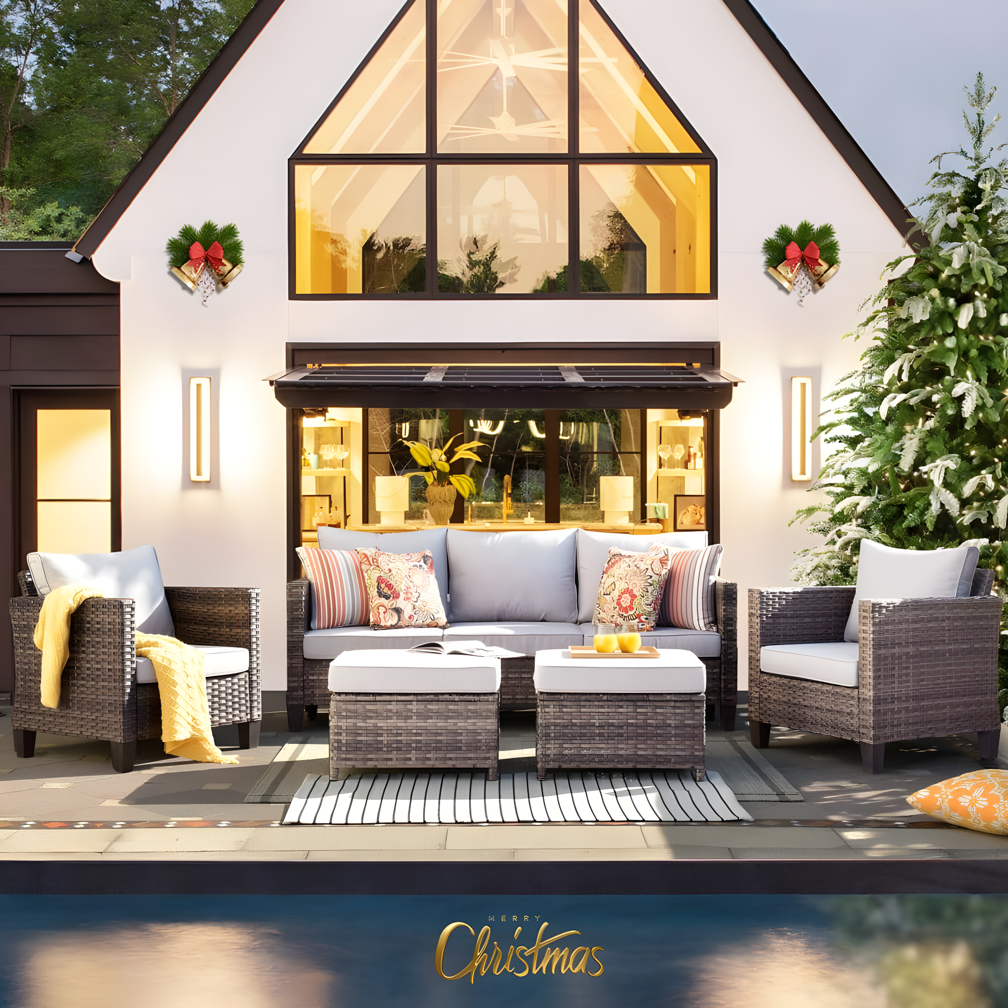 Ovios 5 Pieces Outdoor Patio Furniture Set Wicker Rattan Outdoor Conversation Comfortable Sectional Sofa with Steel Frame, Grey