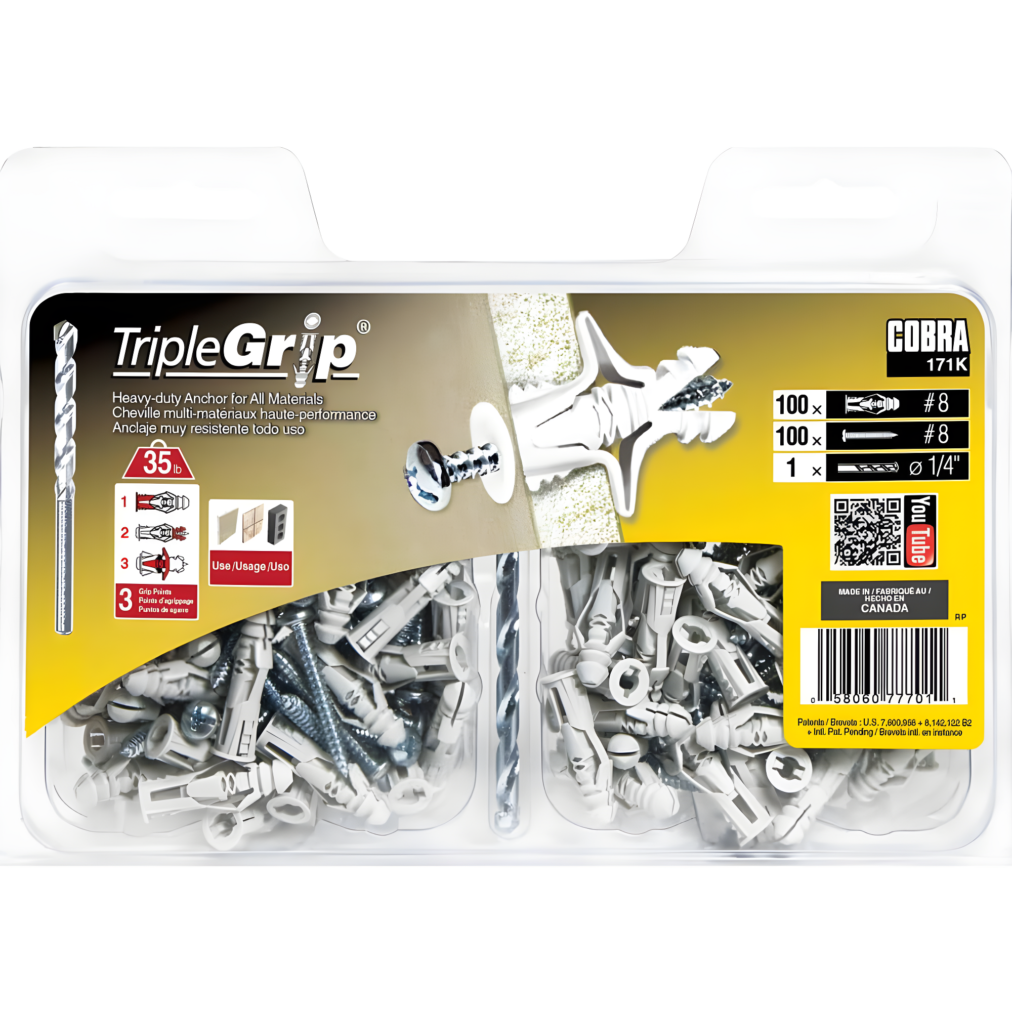 Gray Ribbed Plastic Wall Anchors with Screws - 100 Pack