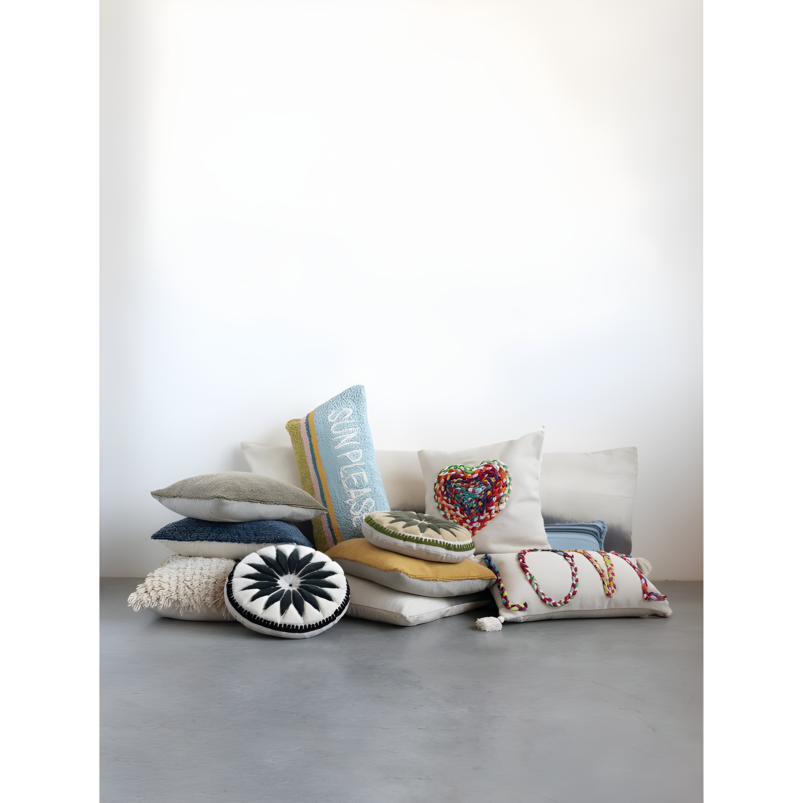 Creative Co-Op Woven Cotton Punch Hook Lumbar Pillow with "Sun Please" Design