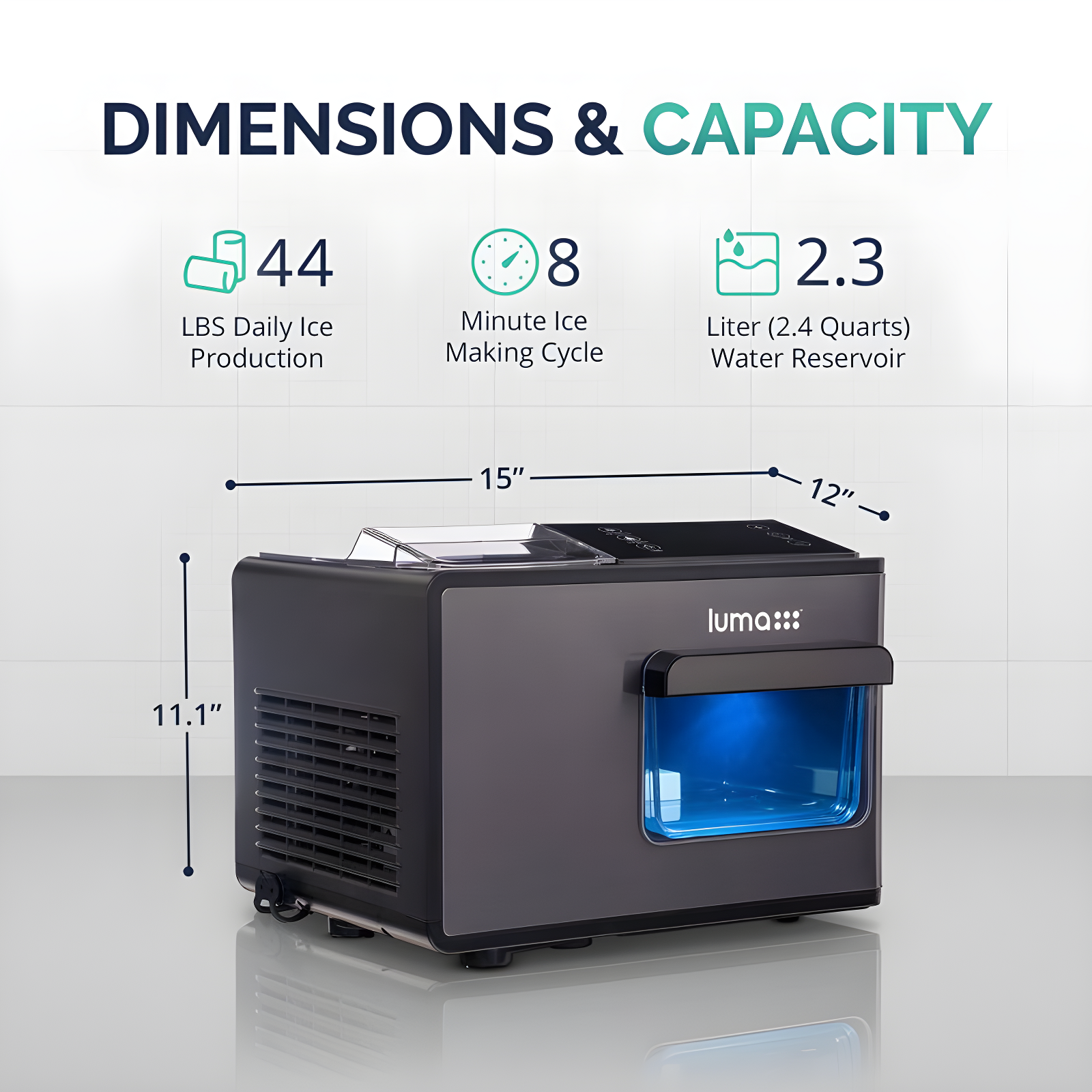 Luma Nugget Countertop Ice Maker, 44 lbs in 24 hours, Black Stainless Steel Ice Machine