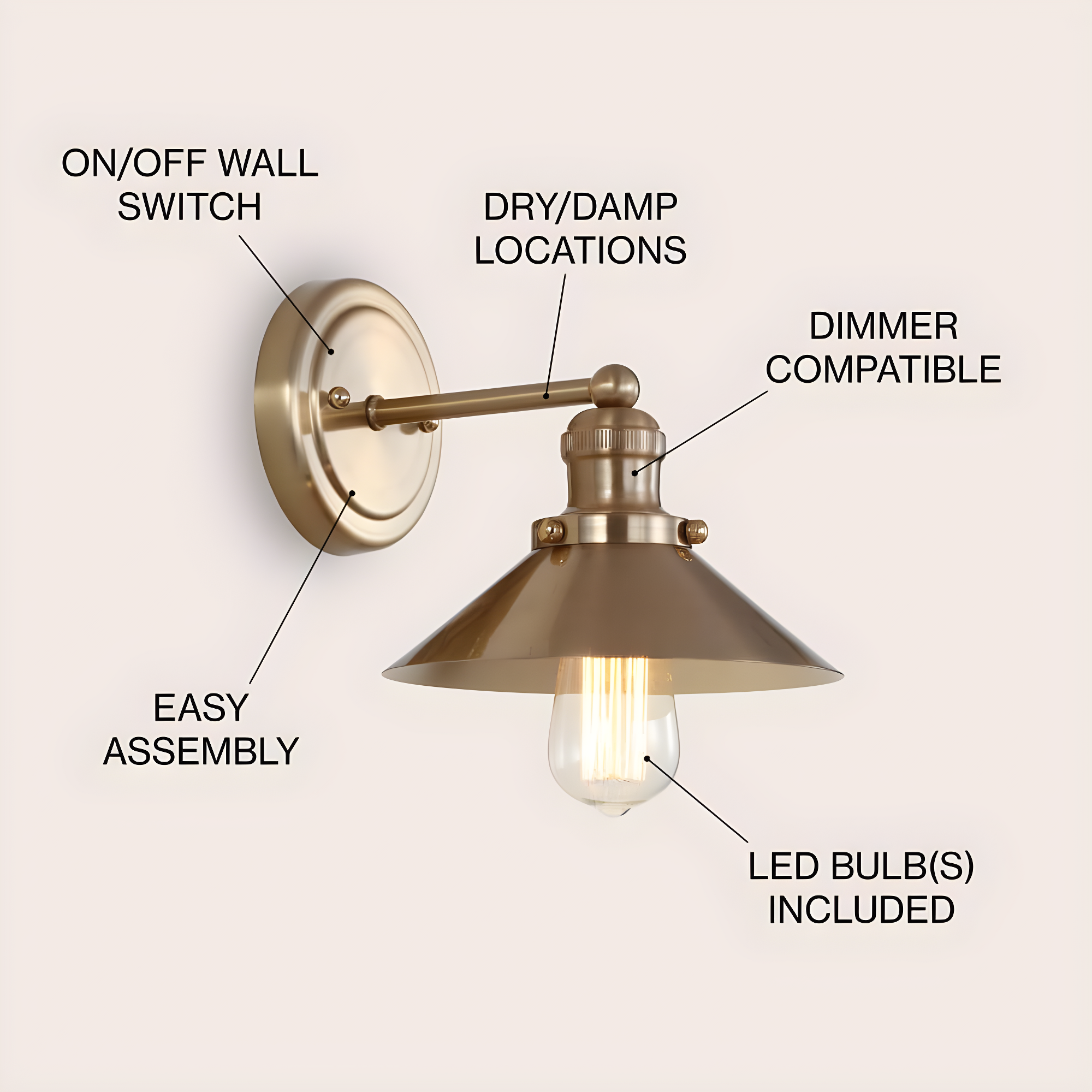 August 7.75 in. Metal Shade Brass Gold Vanity Light