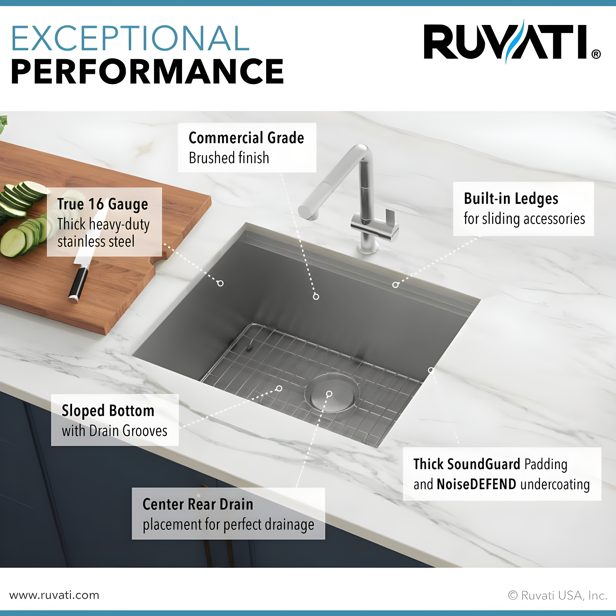 Ruvati RVH8308 Ruvati Workstation Undermount 16 Gauge Stainless Steel Kitchen Sink Single Bowl