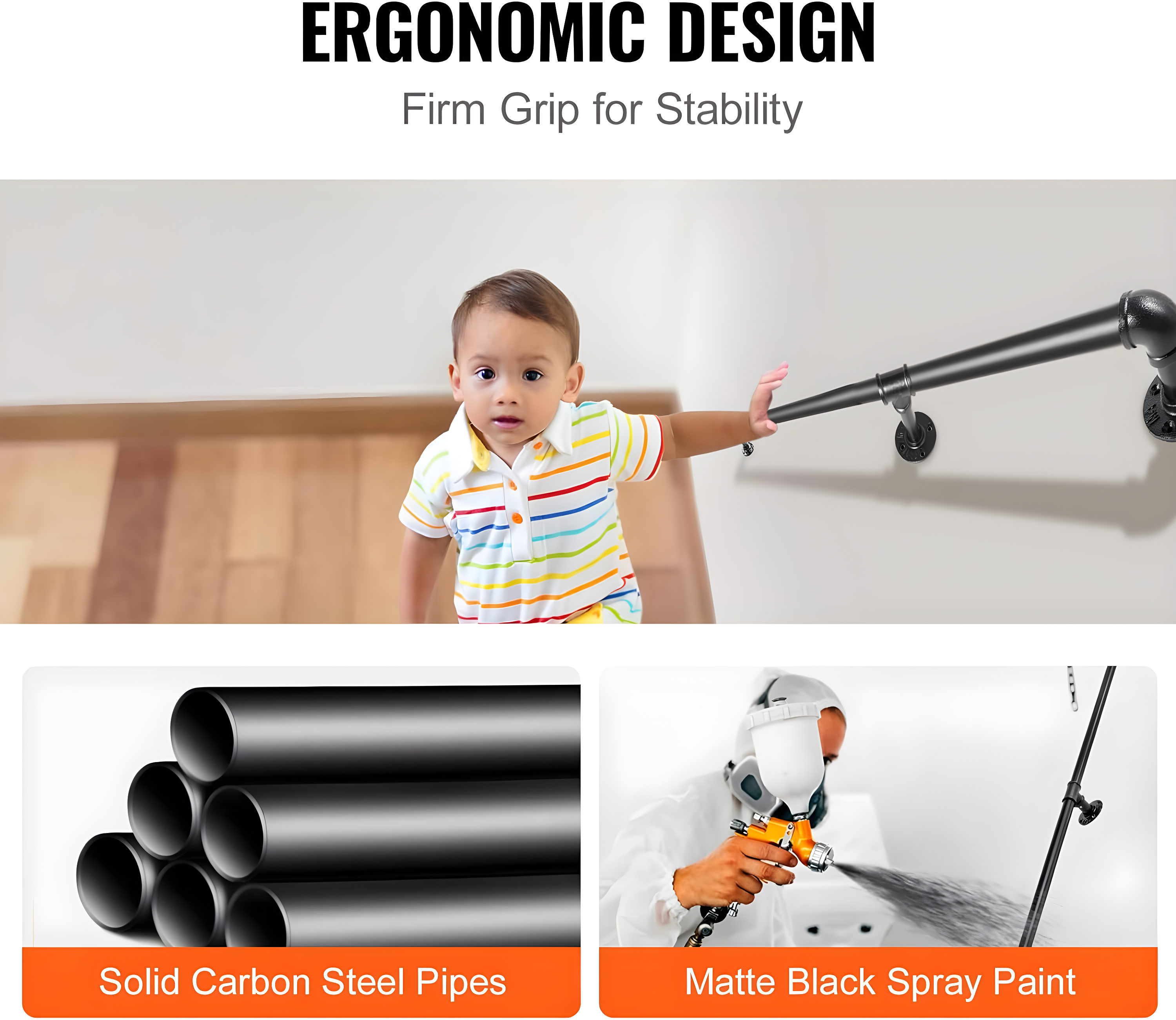 6 ft. Pipe Stair Handrail 440 lbs. Load Capacity Wall Mounted Handrail Round Corner Handrails for Outdoor Steps in Black